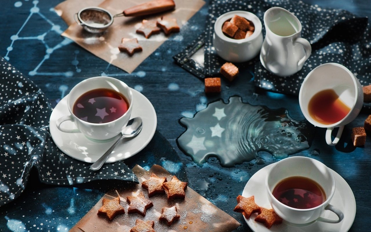 Обои звезды, чай, чашки, сахар, печенье, выпечка, stars, tea, cup, sugar, cookies, cakes разрешение 2048x1367 Загрузить