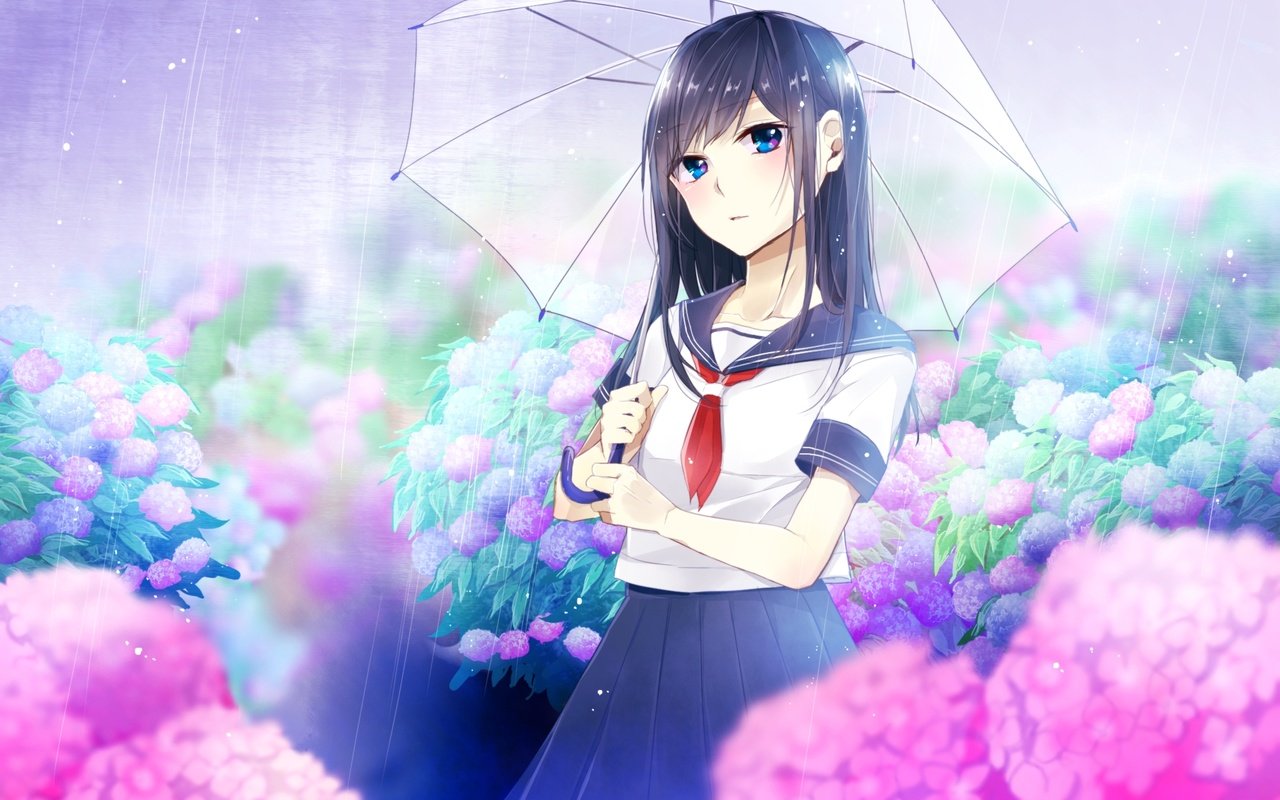 Обои цветы, девушка, аниме, дождь, зонт, школьная форма, flowers, girl, anime, rain, umbrella, school uniform разрешение 2000x1255 Загрузить