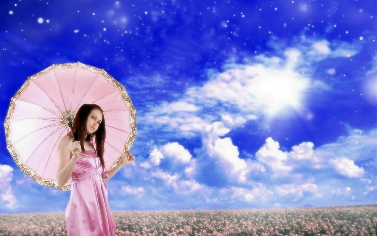 Обои небо, цветы, облака, девушка, поле, весна, зонт, the sky, flowers, clouds, girl, field, spring, umbrella разрешение 1920x1420 Загрузить