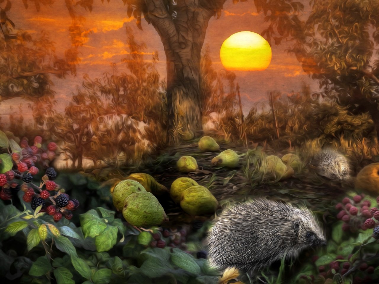 Обои деревья, солнце, лес, листья, ежик, ежевика, груши, trees, the sun, forest, leaves, hedgehog, blackberry, pear разрешение 3600x2249 Загрузить