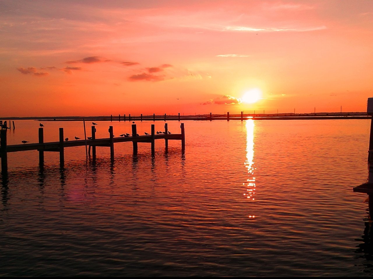 Обои вода, озеро, солнце, закат, пейзаж, причал, птицы, water, lake, the sun, sunset, landscape, pier, birds разрешение 2880x1800 Загрузить