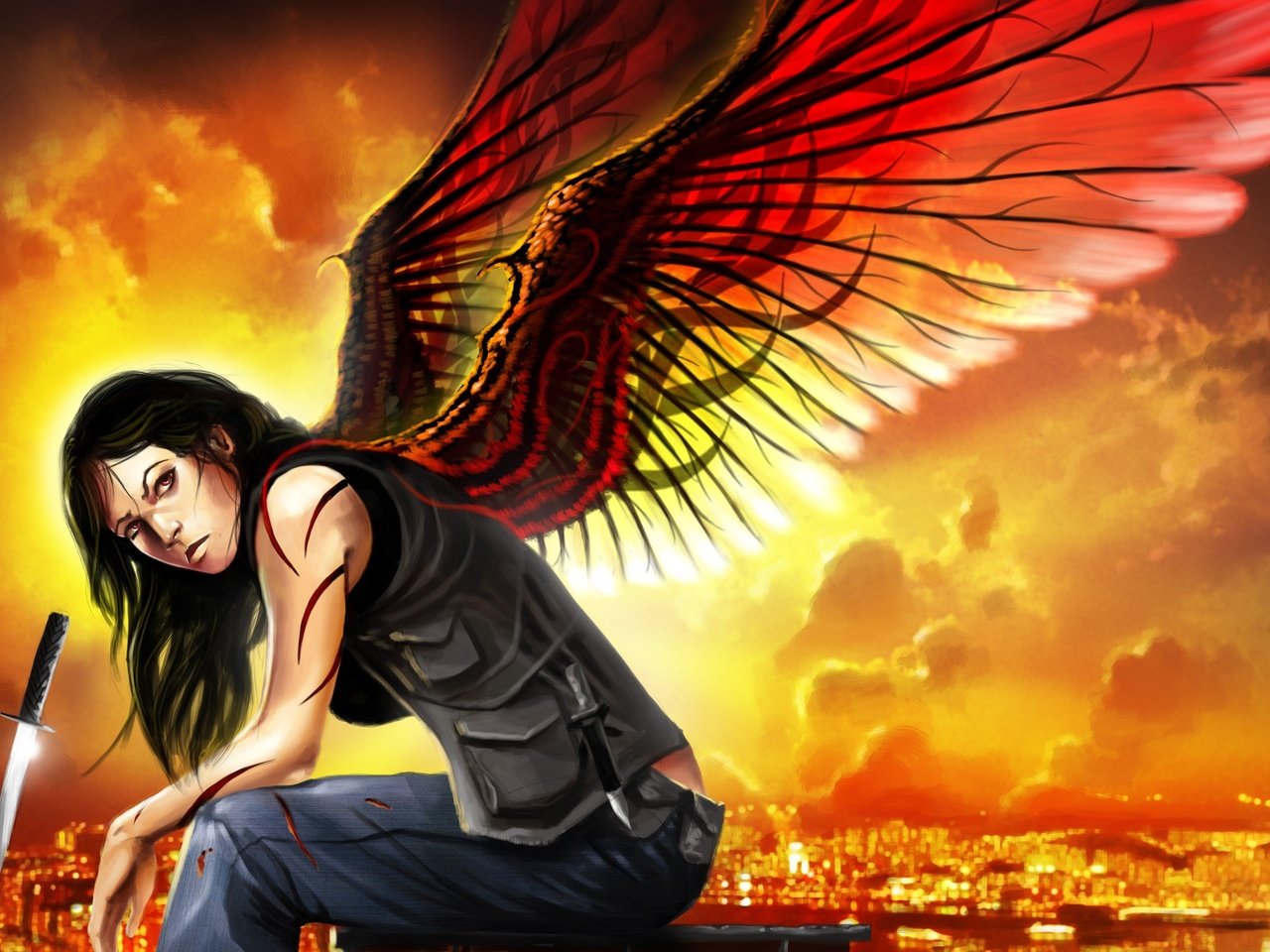 Обои арт, девушка, меч, город, взгляд, крылья, катана, art, girl, sword, the city, look, wings, katana разрешение 2400x1694 Загрузить