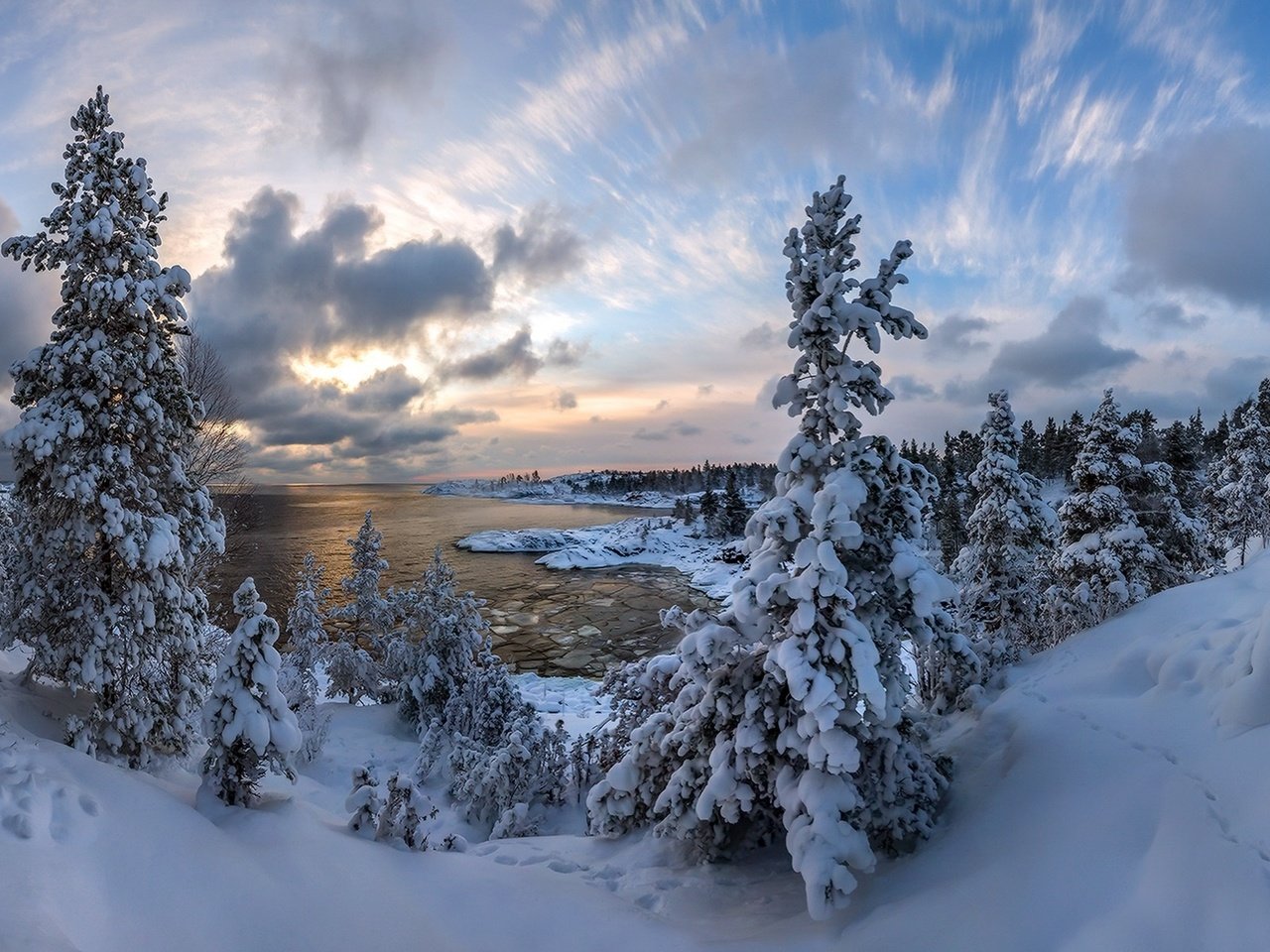 Обои небо, ладожское озеро, облака, озеро, снег, природа, лес, зима, елки, the sky, lake ladoga, clouds, lake, snow, nature, forest, winter, tree разрешение 1920x1200 Загрузить