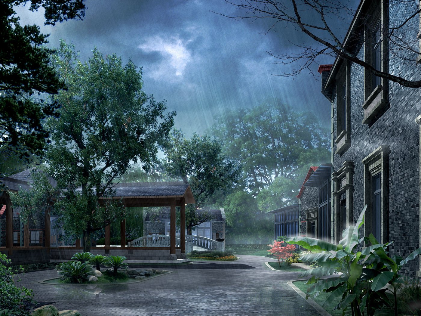 Обои дождь, фотошоп, двор, rain, photoshop, yard разрешение 1920x1200 Загрузить