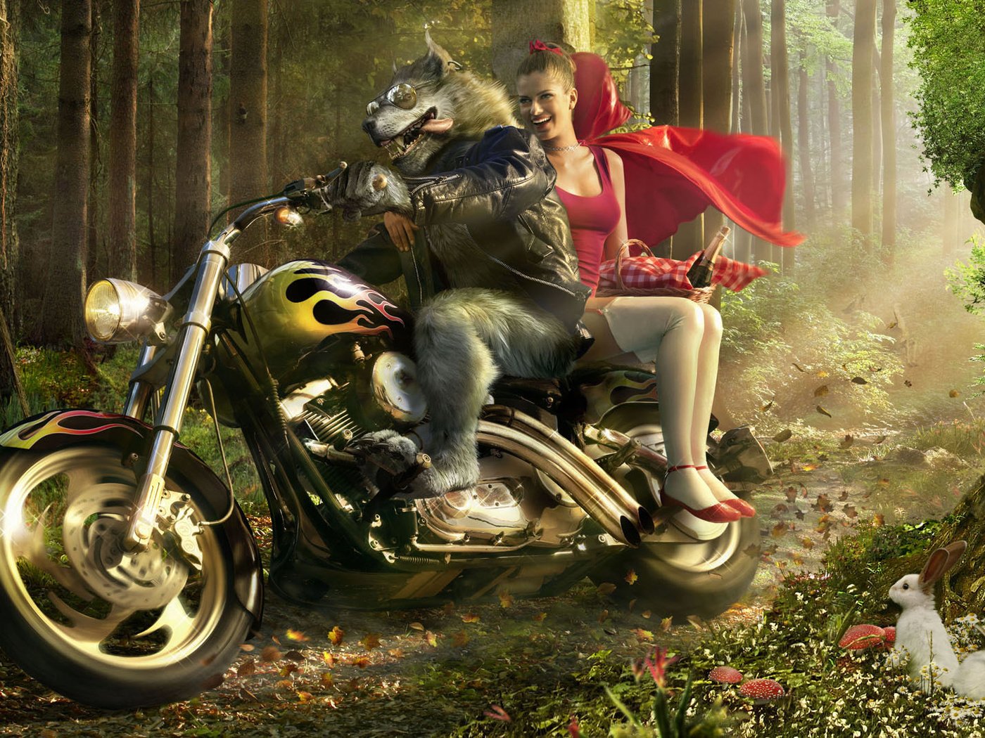 Обои мотоцикл, волк, красная шапочка, motorcycle, wolf, little red riding hood разрешение 2020x1070 Загрузить