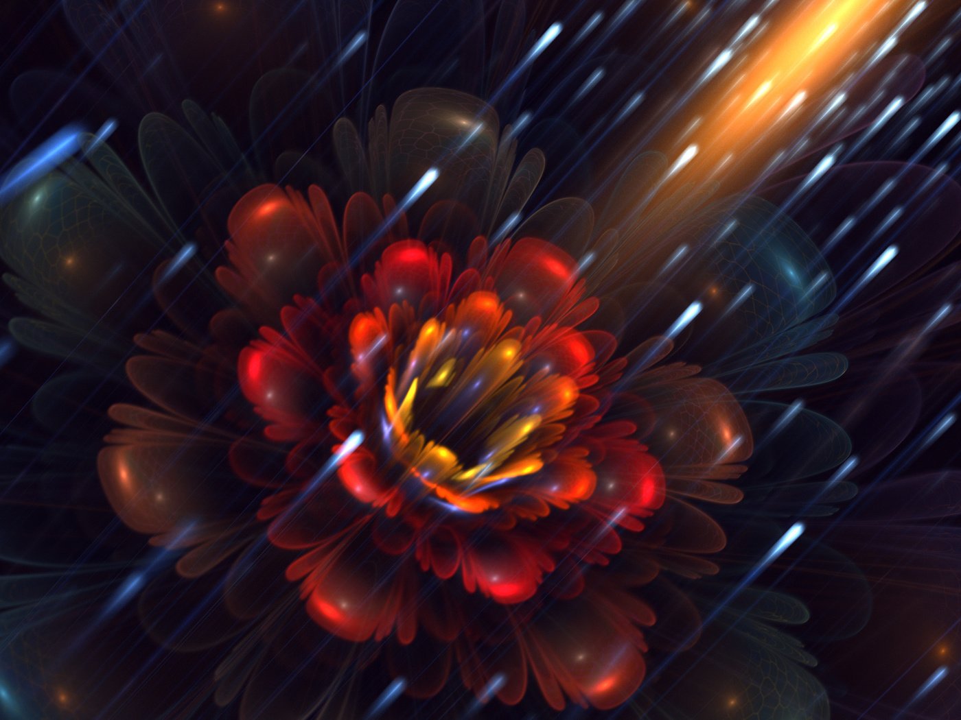 Обои арт, цветок, лепестки, фрактал, светлячки, art, flower, petals, fractal, fireflies разрешение 1920x1200 Загрузить