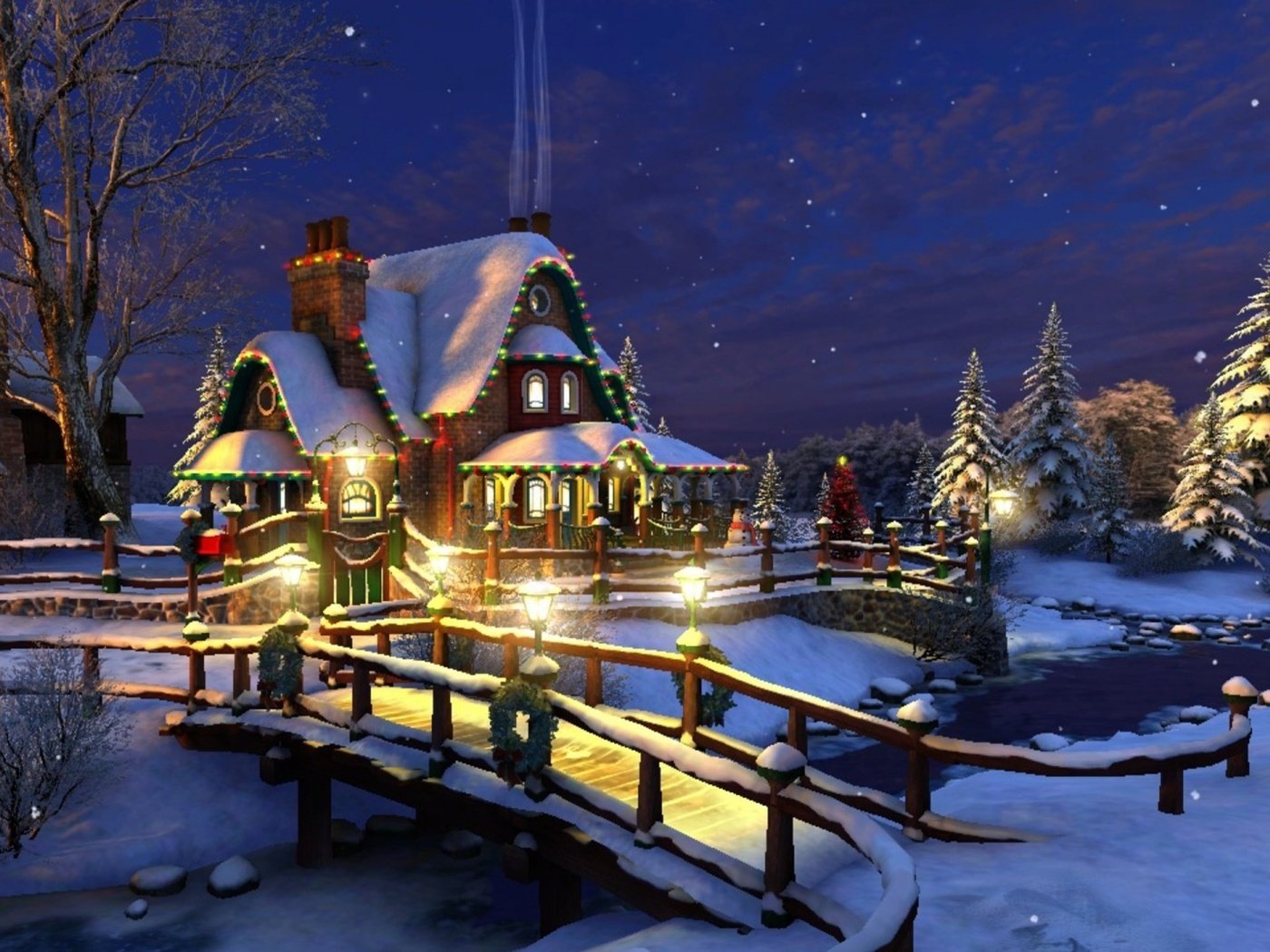 Обои ночь, зима, звезды, рождество, коттедж, bridge to the cottage, night, winter, stars, christmas, cottage разрешение 1920x1080 Загрузить