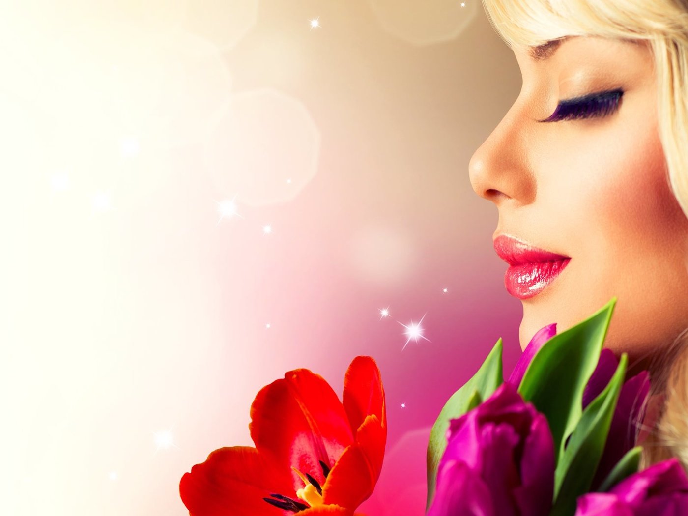 Обои цветы, девушка, профиль, весна, тюльпаны, ресницы, flowers, girl, profile, spring, tulips, eyelashes разрешение 1920x1200 Загрузить