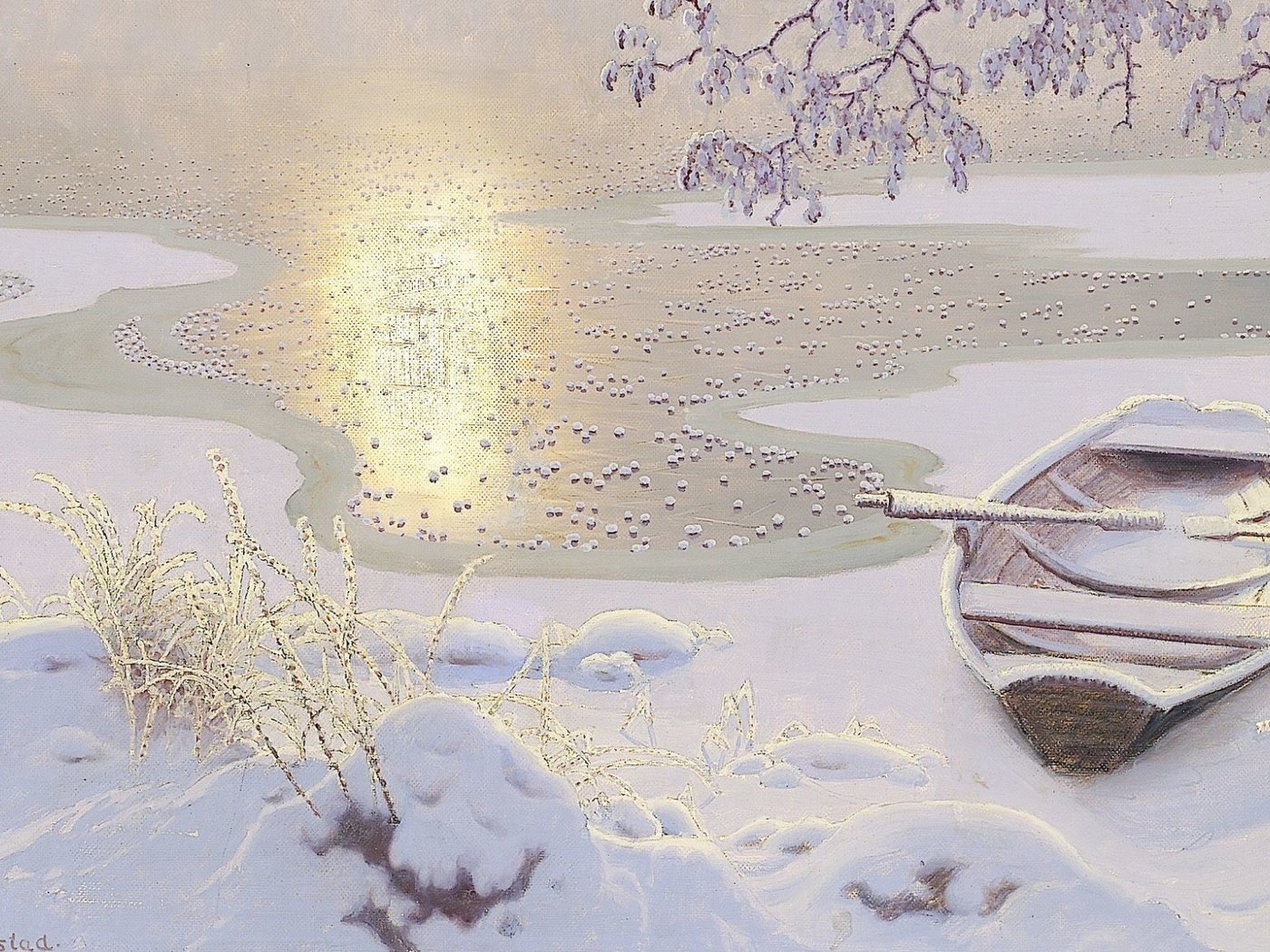 Обои арт, озеро, зима, пейзаж, лодка, gustaf fjaestad, art, lake, winter, landscape, boat разрешение 1920x1200 Загрузить