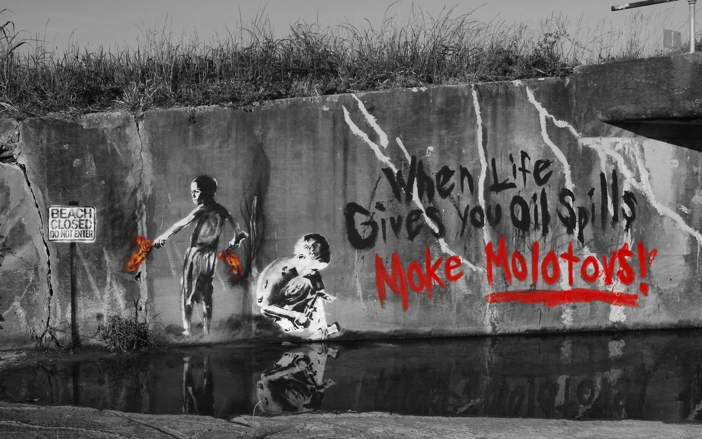 Обои when life gives you oil spills make molotovs, рисунок, надпись, стена, дети, граффити, трафарет, стенсил, коктейль молотова, figure, the inscription, wall, children, graffiti, stencil, stensil, a molotov cocktail разрешение 1920x1200 Загрузить