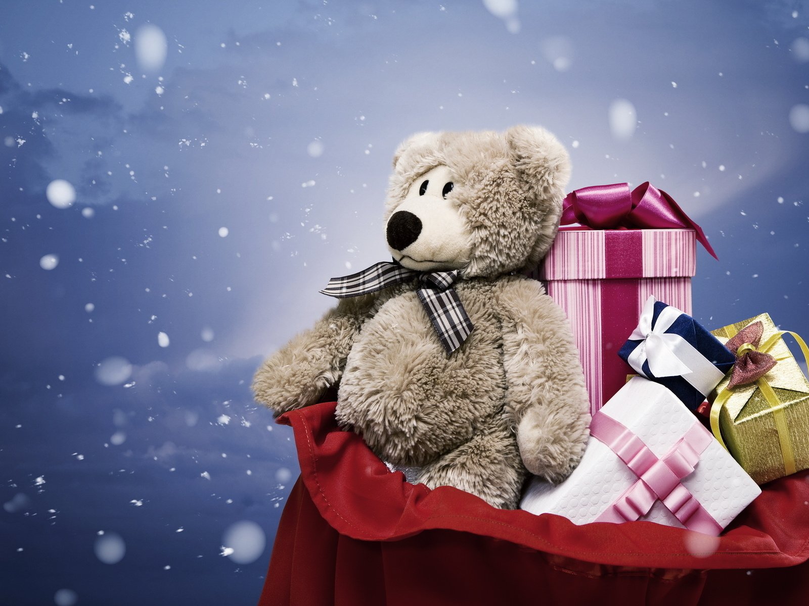 Обои новый год, зима, подарки, плюшевый мишка, new year, winter, gifts, teddy bear разрешение 1920x1200 Загрузить
