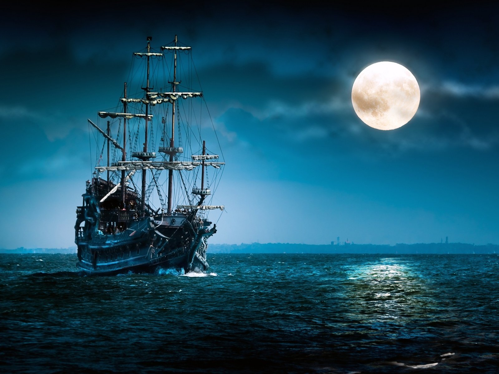 Обои море, корабль, луна, sea, ship, the moon разрешение 2560x1600 Загрузить