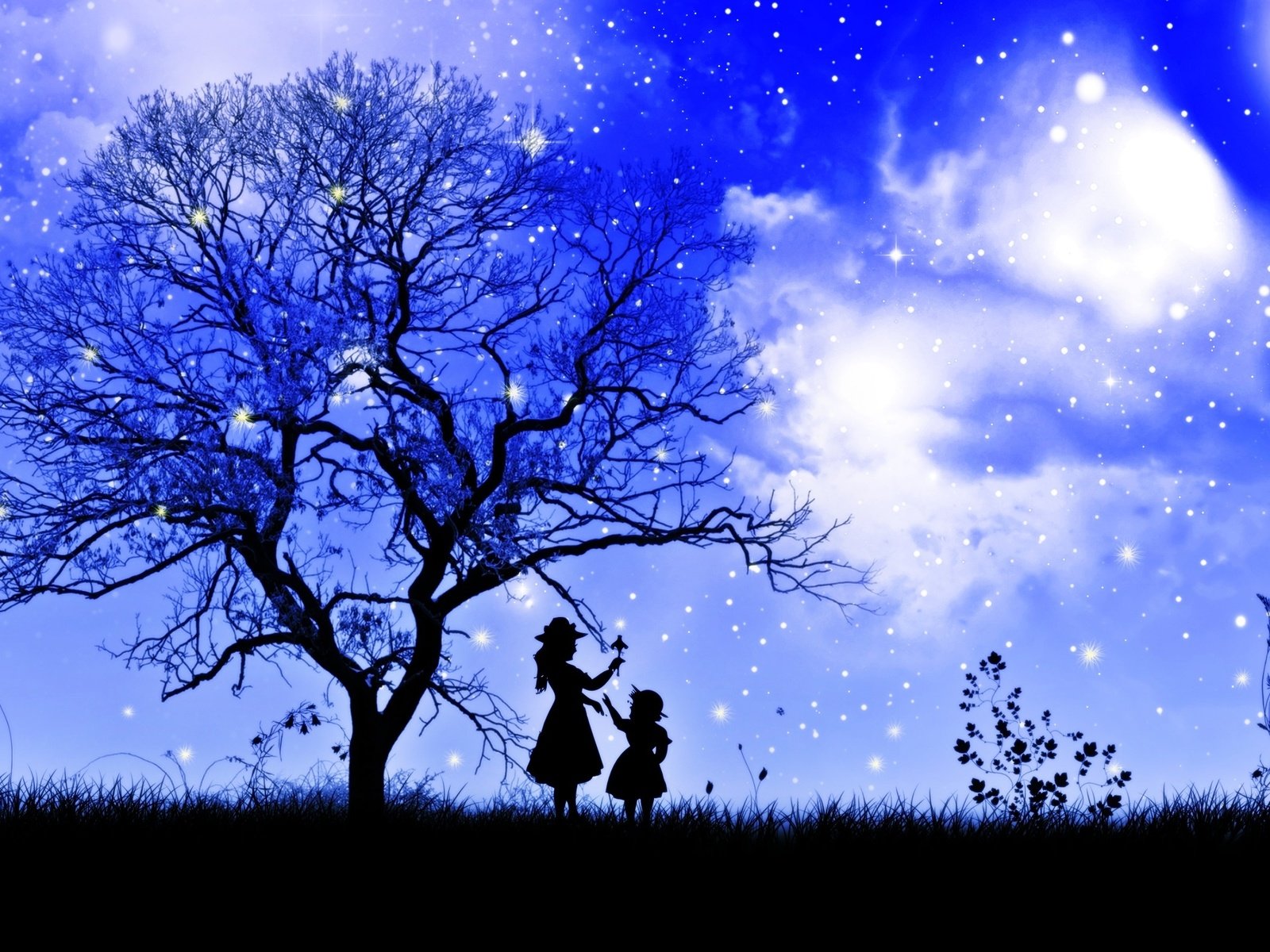 Обои небо, ребенок, трава, облака, ночь, дерево, девушка, звезды, ветки, the sky, child, grass, clouds, night, tree, girl, stars, branches разрешение 2560x1600 Загрузить