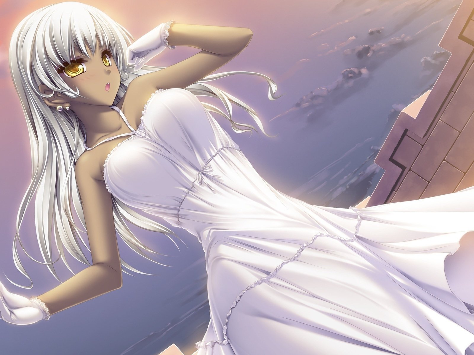 Обои девушка, аниме, белое платье, белые волосы, girl, anime, white dress, white hair разрешение 2560x1600 Загрузить