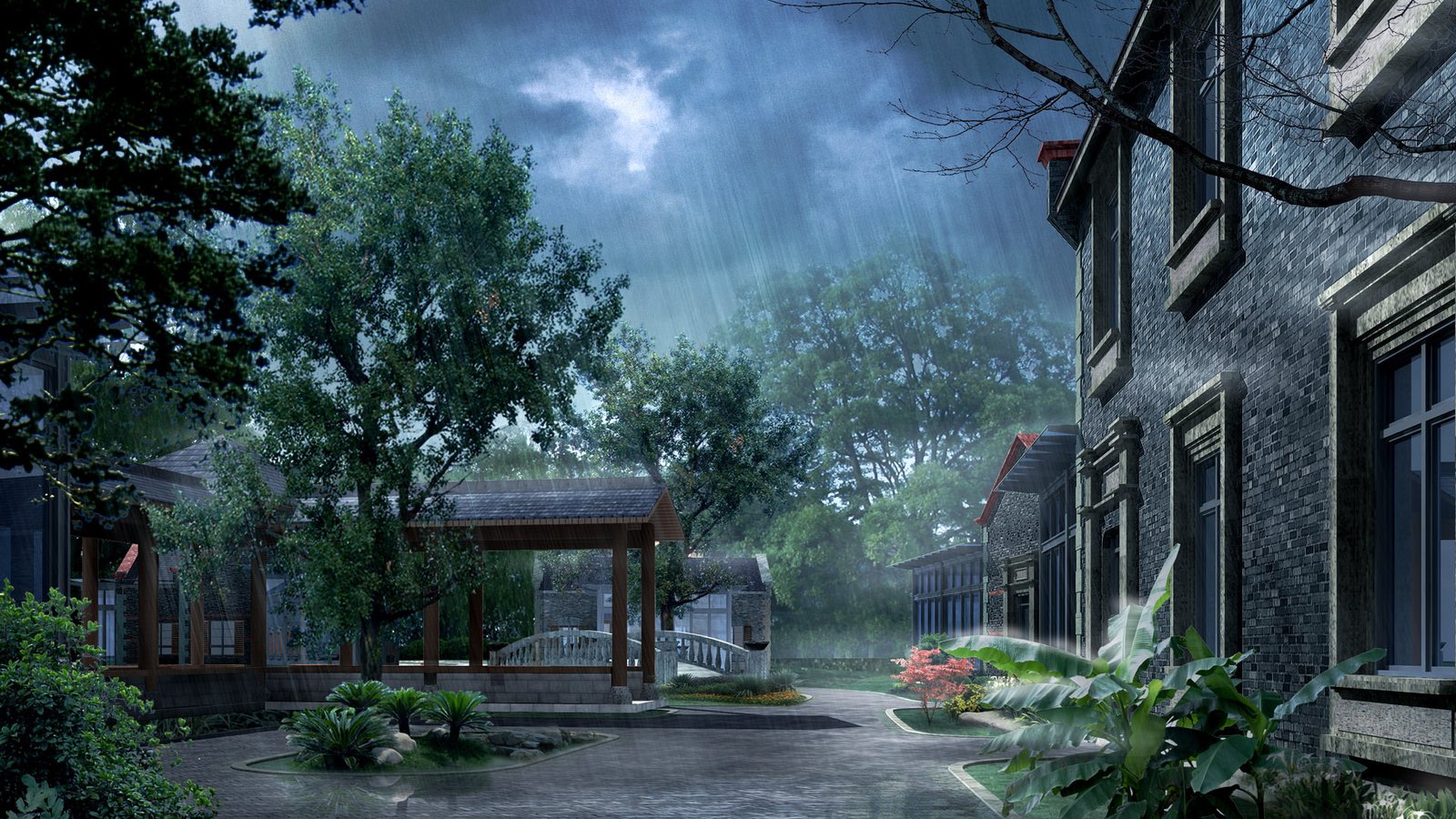 Обои дождь, фотошоп, двор, rain, photoshop, yard разрешение 1920x1200 Загрузить