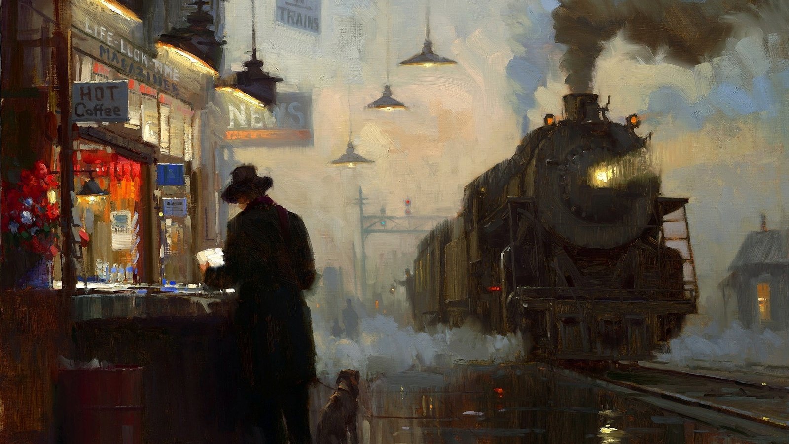 Обои станция, картина, масло, паровоз, station, picture, oil, the engine разрешение 1920x1200 Загрузить