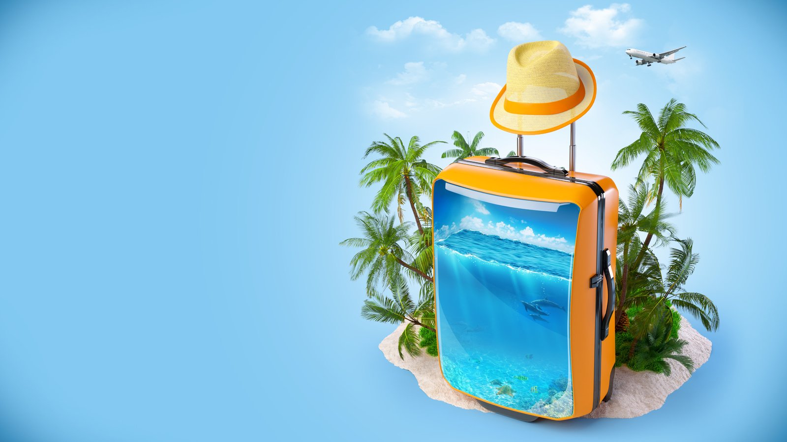 Обои чемодан, облака, курорт., самолет, море, пальмы, креатив, отдых, шляпа, дельфины, suitcase, clouds, resort., the plane, sea, palm trees, creative, stay, hat, dolphins разрешение 6489x4079 Загрузить
