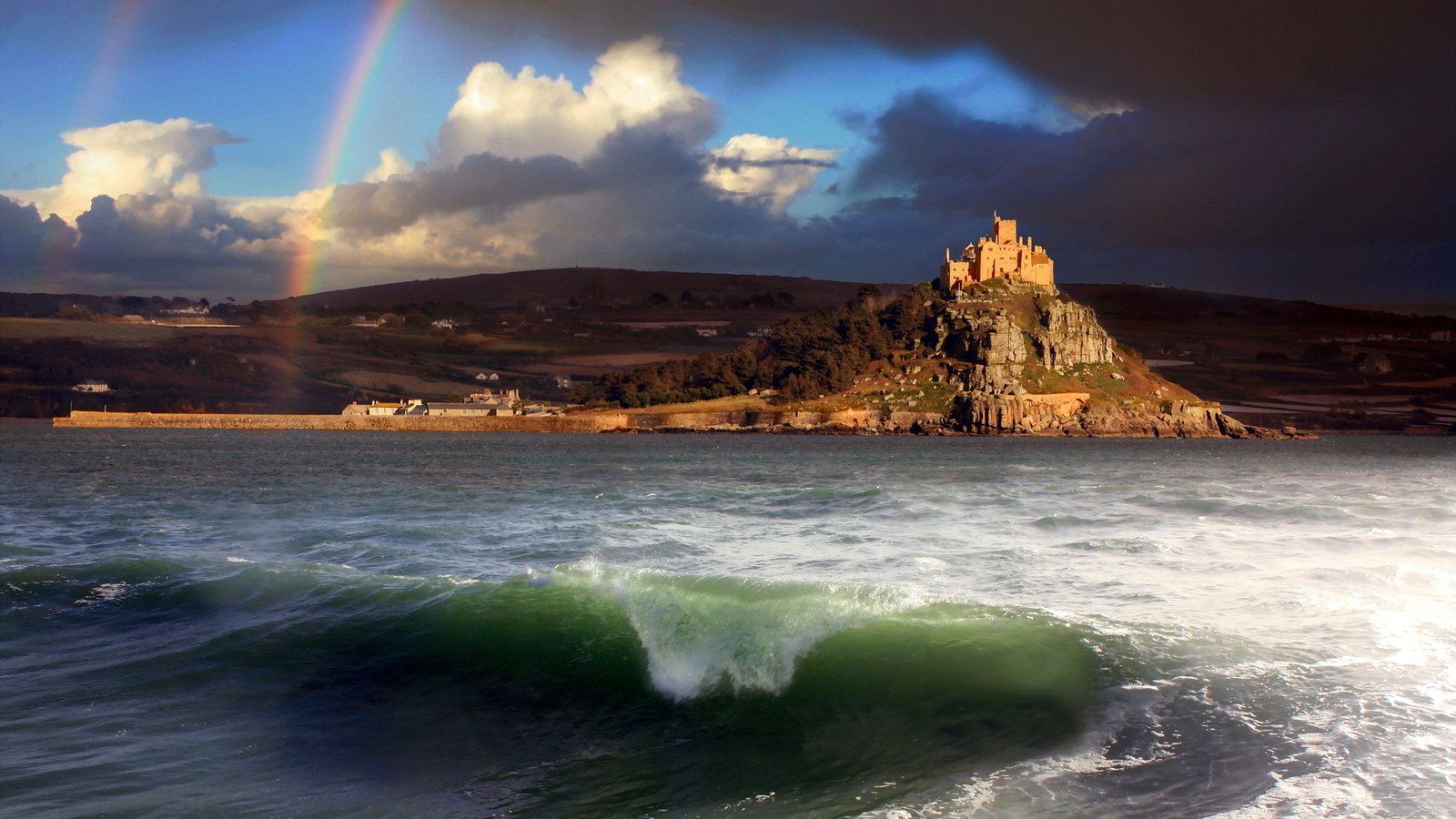 Обои небо, природа, берег, пейзаж, море, замок, радуга, побережье, the sky, nature, shore, landscape, sea, castle, rainbow, coast разрешение 1920x1200 Загрузить