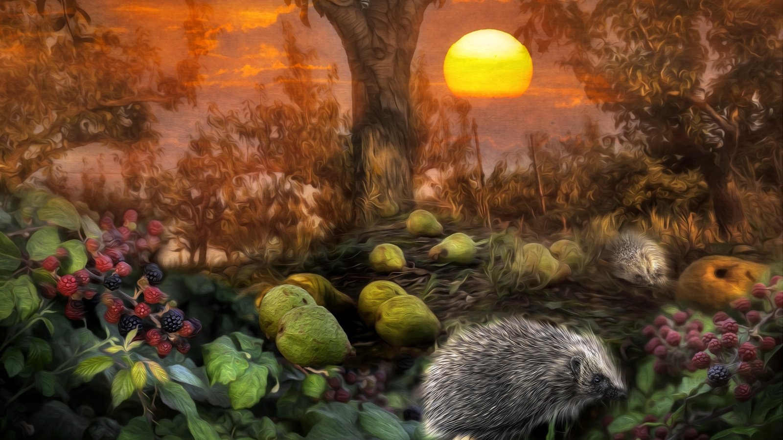 Обои деревья, солнце, лес, листья, ежик, ежевика, груши, trees, the sun, forest, leaves, hedgehog, blackberry, pear разрешение 3600x2249 Загрузить