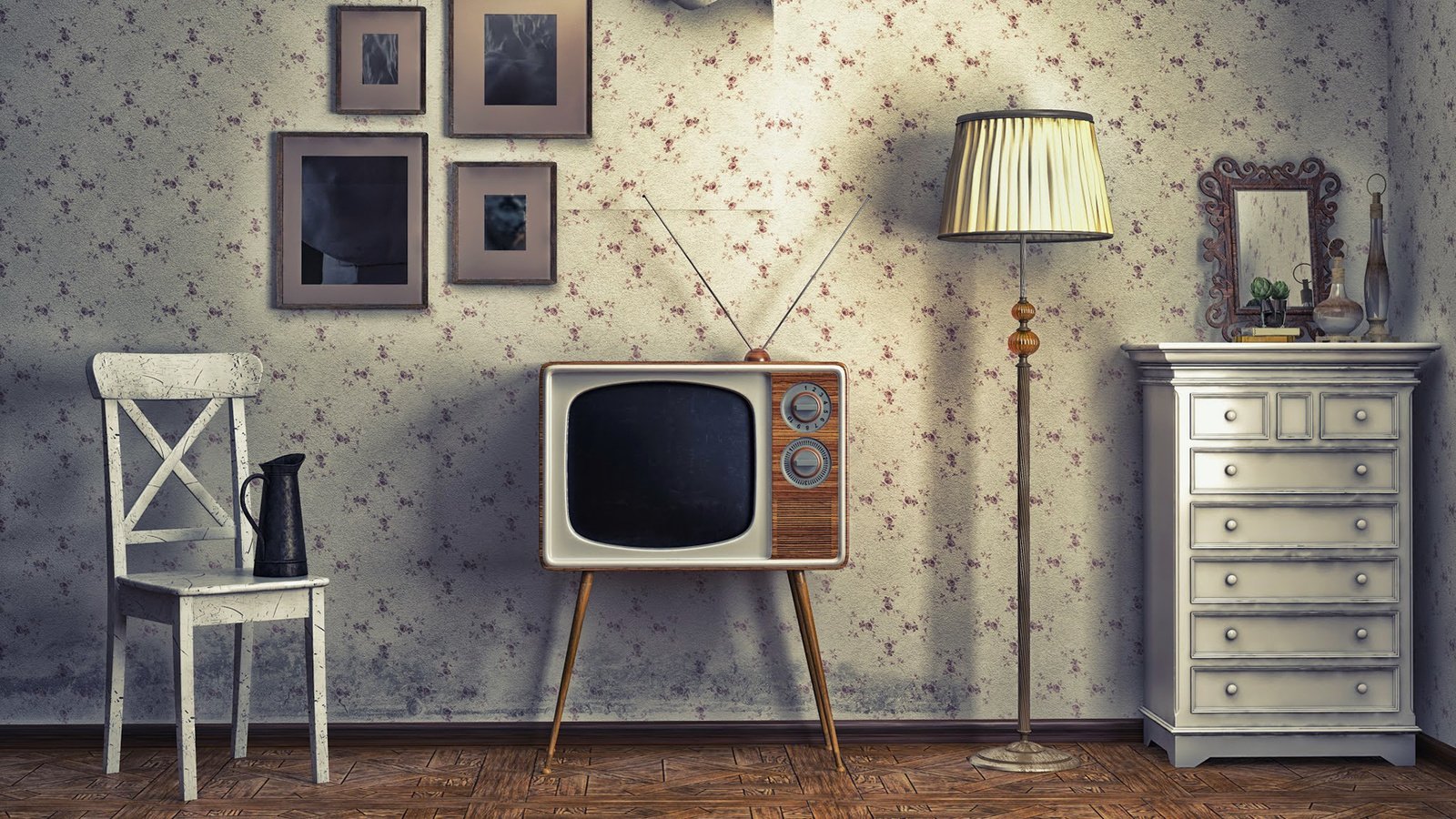 Обои стиль, интерьер, телевизор, ретро, лампа, тумбочка, style, interior, tv, retro, lamp, table разрешение 1920x1200 Загрузить