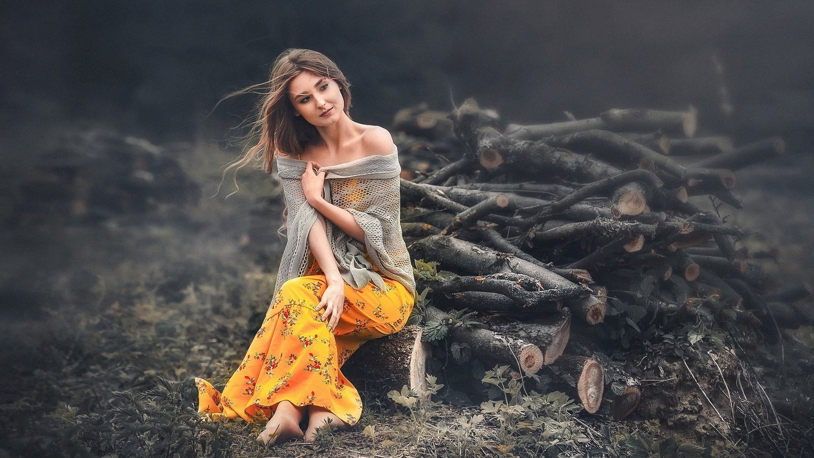 Обои девушка, фон, поза, взгляд, волосы, дрова, вадим мельник, girl, background, pose, look, hair, wood, vadim miller разрешение 1920x1200 Загрузить