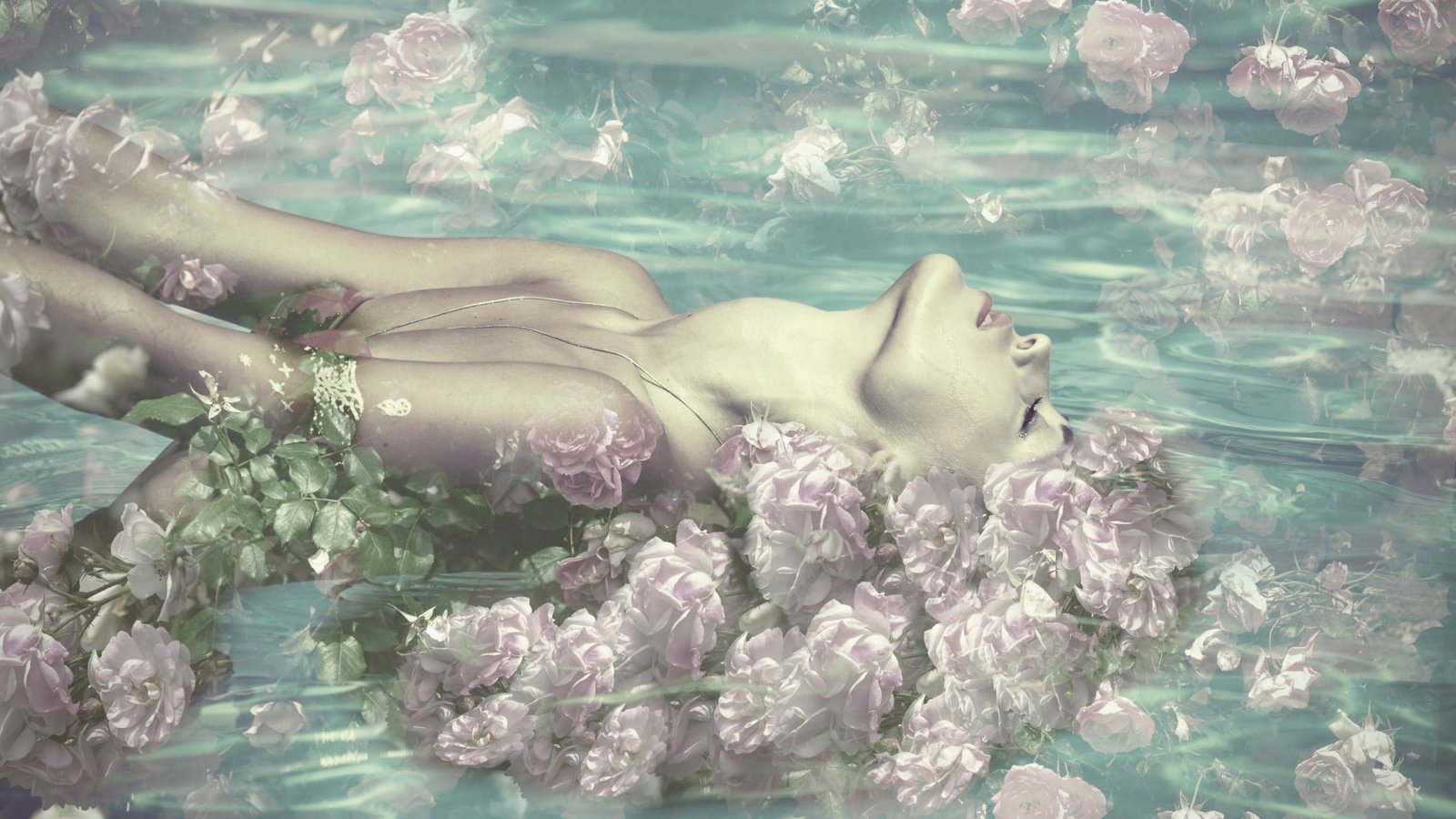 Обои цветы, вода, девушка, розы, закрытые глаза, flowers, water, girl, roses, closed eyes разрешение 1920x1200 Загрузить