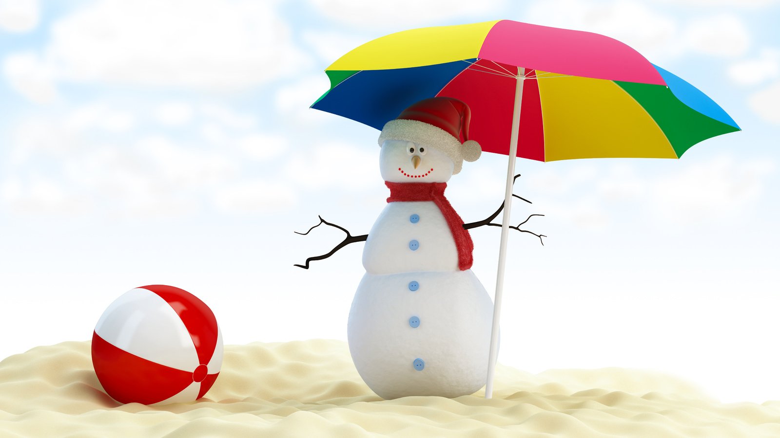 Обои новый год, пляж, снеговик, зонтик, рождество, мяч, new year, beach, snowman, umbrella, christmas, the ball разрешение 5142x3402 Загрузить