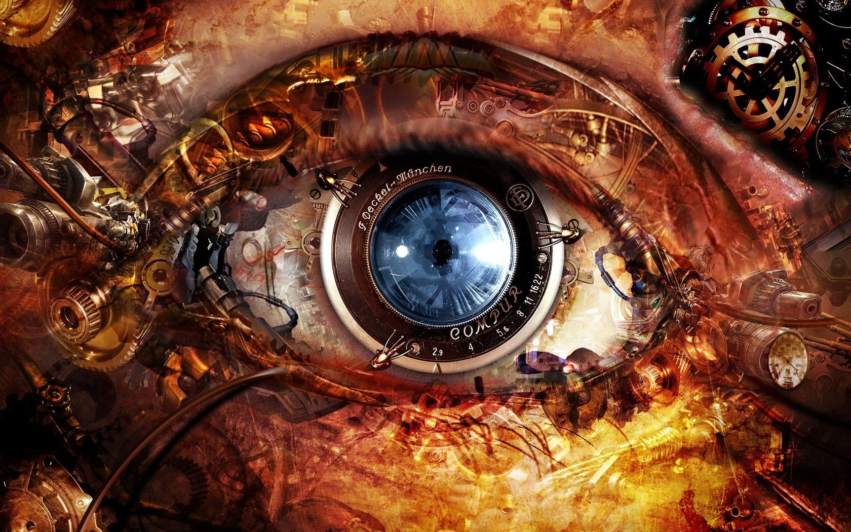 Обои глаз, линза, механизм, стимпанк, eyes, lens, mechanism, steampunk разрешение 2048x1371 Загрузить