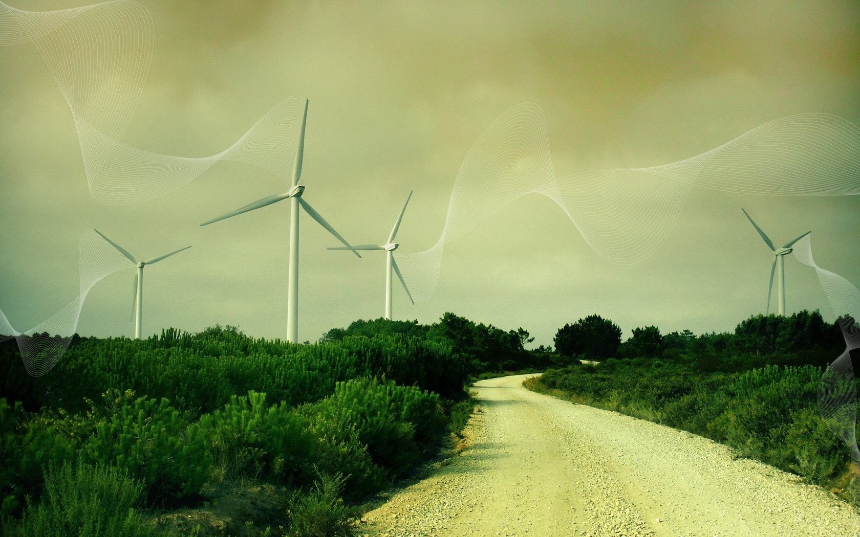 Обои дорога, трава, линии, ветряки, ветротурбины, road, grass, line, windmills, wind turbine разрешение 1920x1200 Загрузить