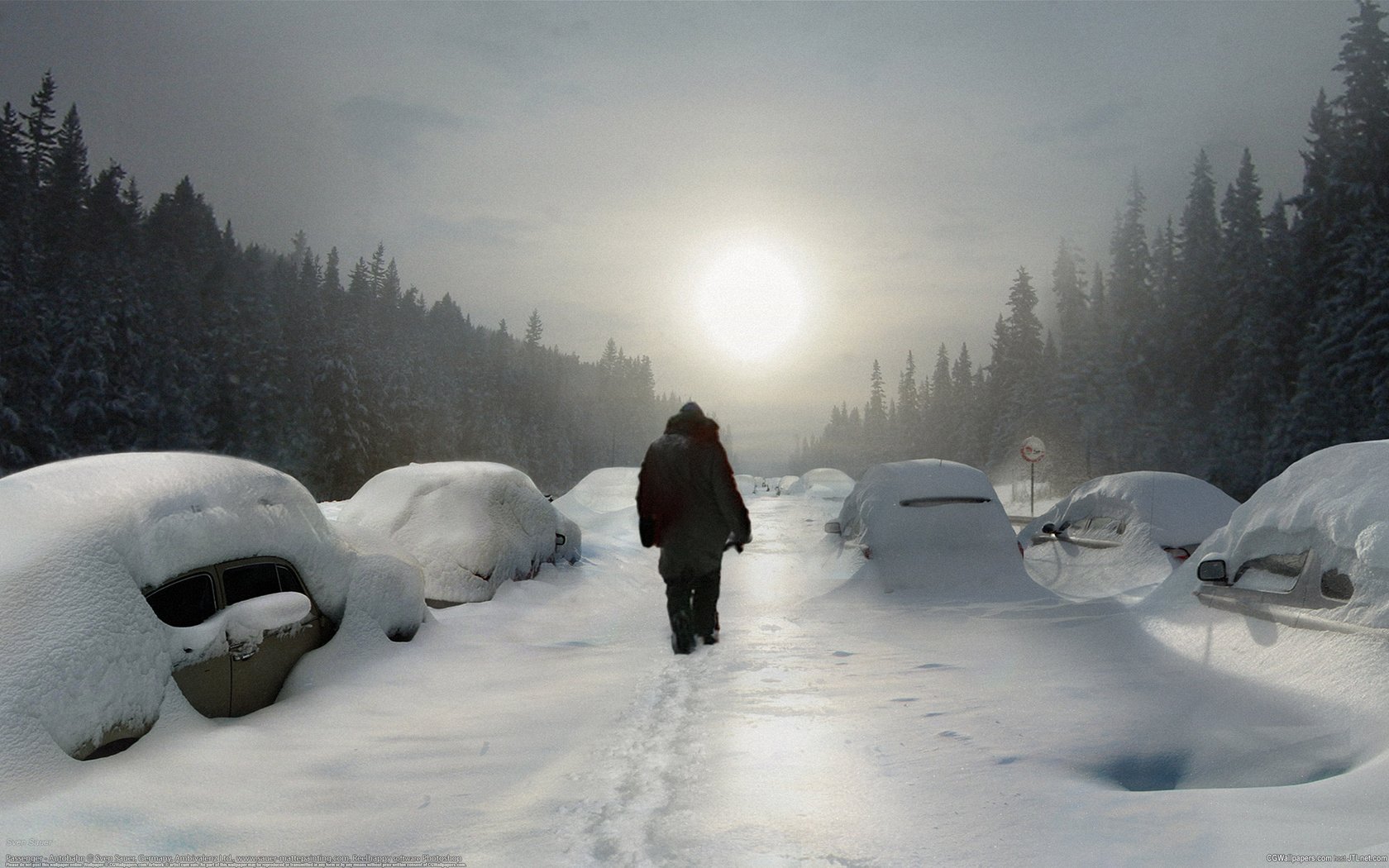 Обои дорога, снег, лес, зима, машины, sven sauer - passenger-autobahn, road, snow, forest, winter, machine разрешение 2560x1600 Загрузить