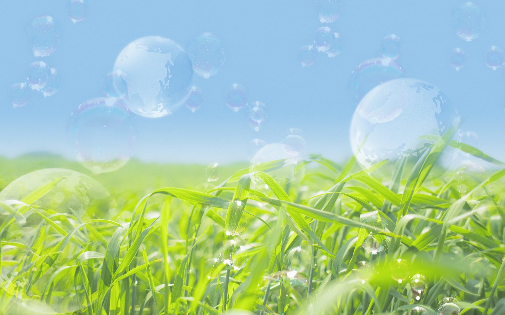 Обои мыльные пузыри, зеленое поле, bubbles, green field разрешение 1920x1200 Загрузить