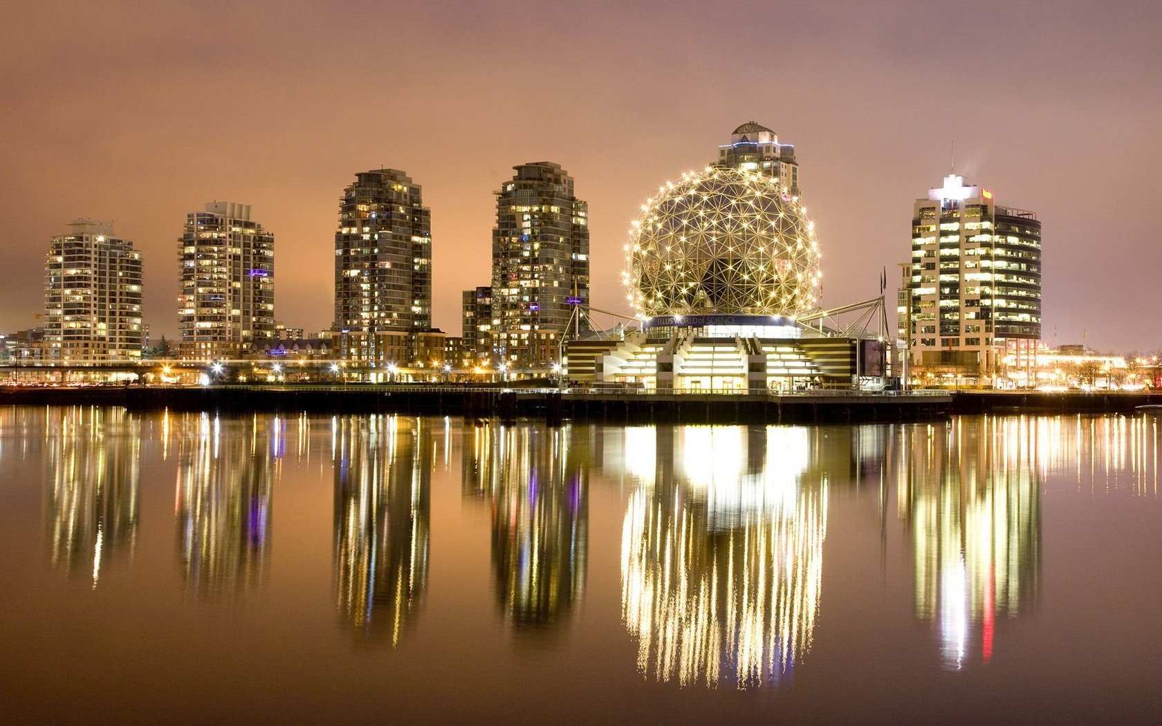 Обои вода, отражение, шар, ванкувер, канада, ночные огни, water, reflection, ball, vancouver, canada, night lights разрешение 1920x1080 Загрузить