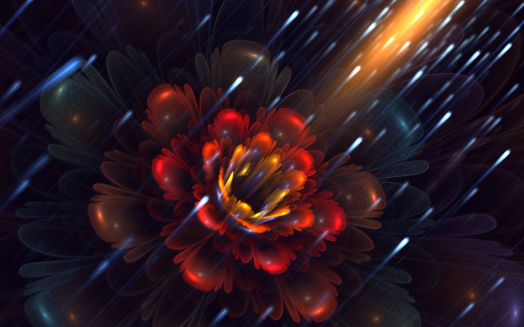Обои арт, цветок, лепестки, фрактал, светлячки, art, flower, petals, fractal, fireflies разрешение 1920x1200 Загрузить