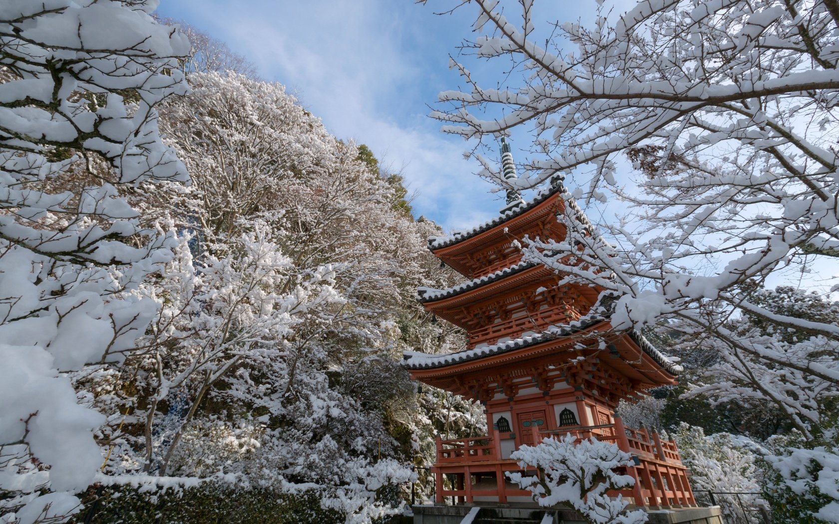 Обои деревья, mimuroto-ji temple, снег, храм, зима, ветки, пагода, япония, киото, trees, snow, temple, winter, branches, pagoda, japan, kyoto разрешение 2880x1920 Загрузить