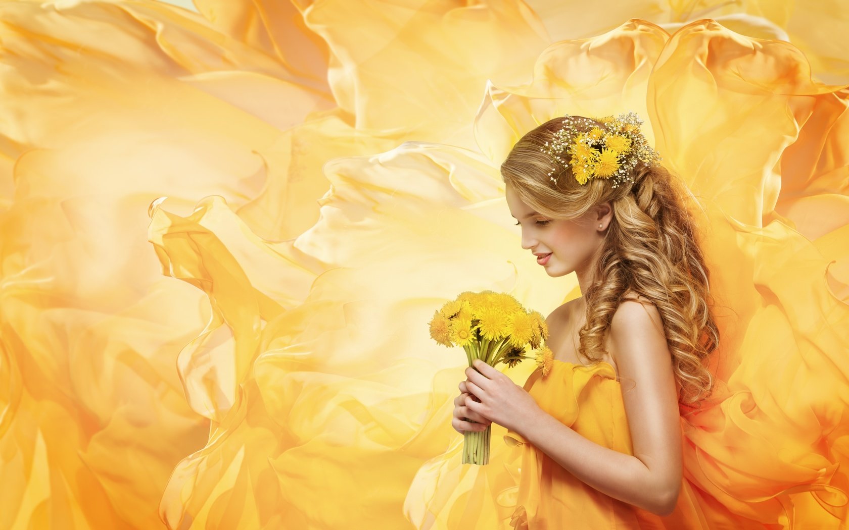 Обои цветы, платье, блондинка, одуванчики, желтые, flowers, dress, blonde, dandelions, yellow разрешение 5000x2990 Загрузить