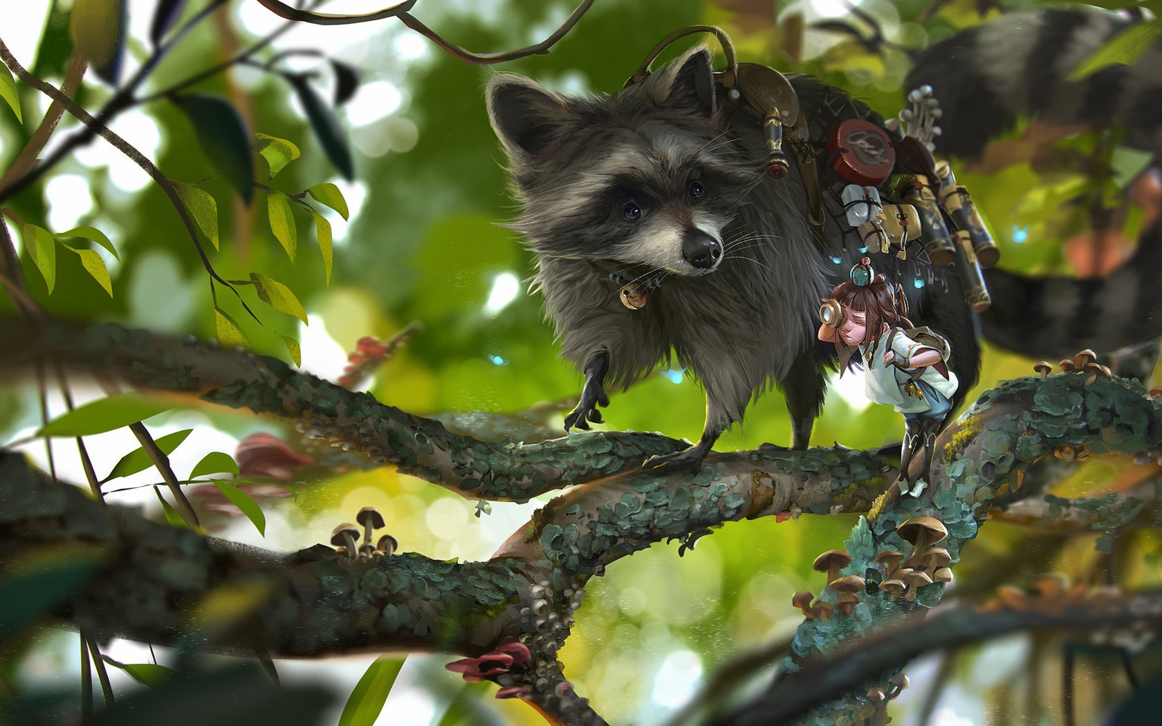 Обои ветки, девочка, енот, rudy siswanto, shipper, branches, girl, raccoon разрешение 1920x1122 Загрузить