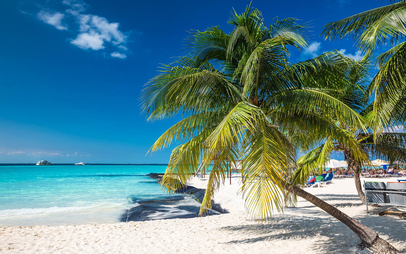 Обои небо, облака, море, песок, пляж, пальмы, мексика, the sky, clouds, sea, sand, beach, palm trees, mexico разрешение 2880x1800 Загрузить