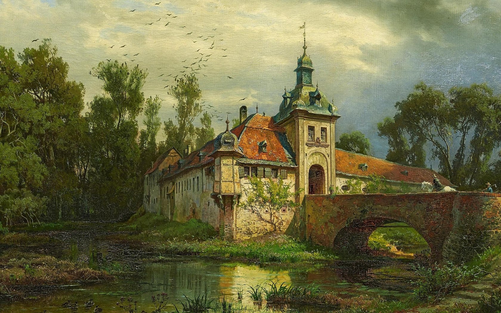 Обои немецкий живописец, german landscape painter, oil on canvas, 1871, август левин фон вилле, wasserschloss mit heimkehrendem reiter, август фон вилле, august von wille, the return on horseback, замок с рвом и возвращающимся, german painter, one thousand eight hundred seventy one, august levin von villa, august von villa, castle with a moat and returning разрешение 2112x1188 Загрузить