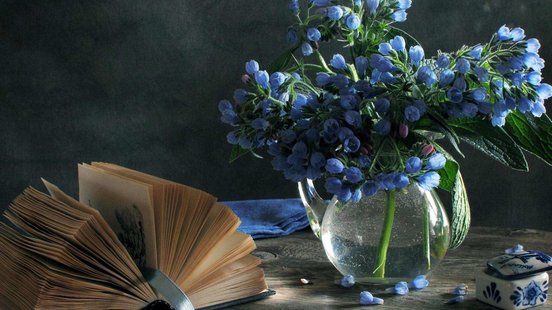 Обои цветы, букет, ваза, голубые, книга, натюрморт, шкатулка, весенние, flowers, bouquet, vase, blue, book, still life, box, spring разрешение 1920x1200 Загрузить