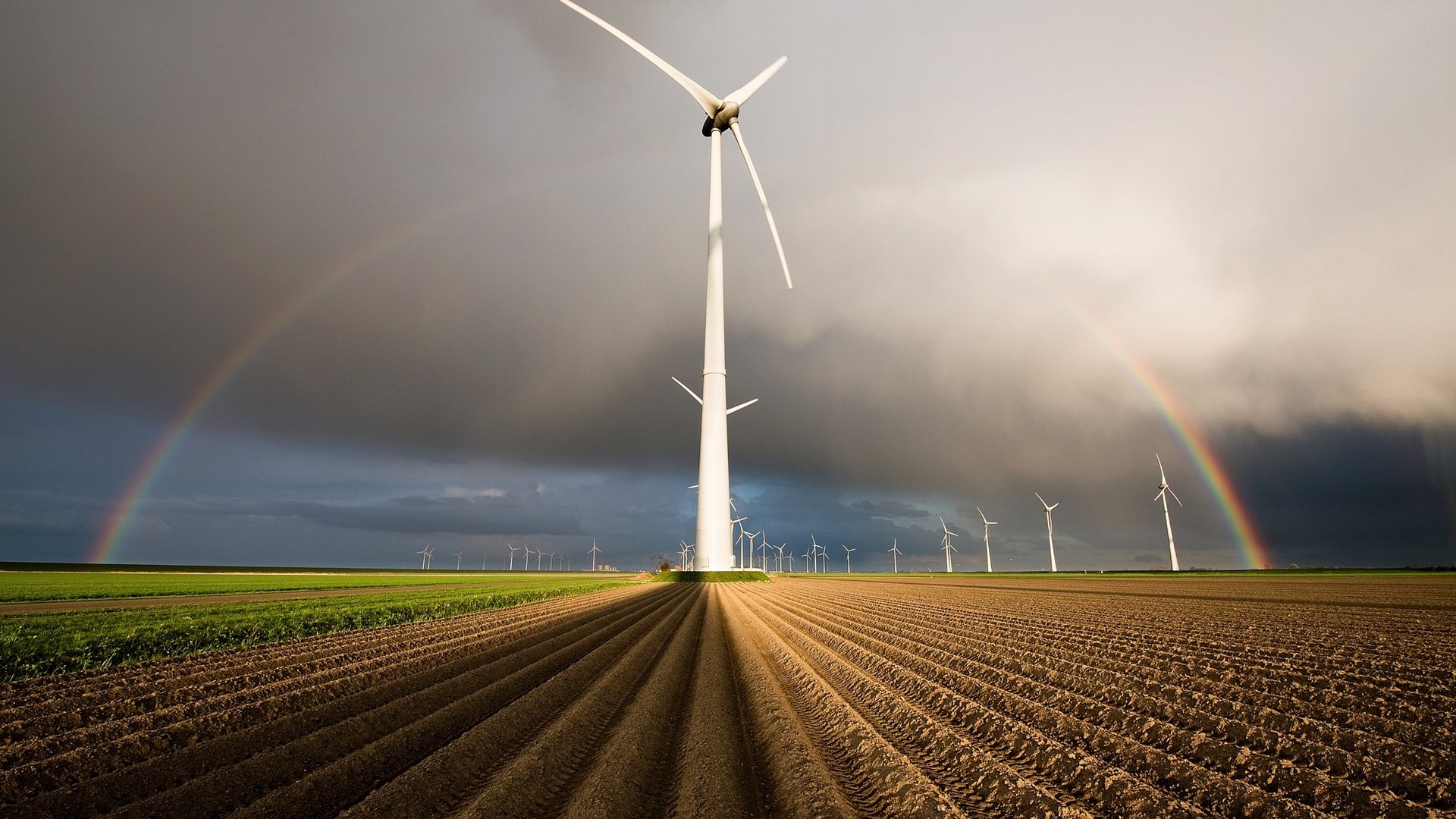 Обои поля, радуга, нидерланды, голландия, ветряные генераторы, field, rainbow, netherlands, holland, wind generators разрешение 2048x1367 Загрузить