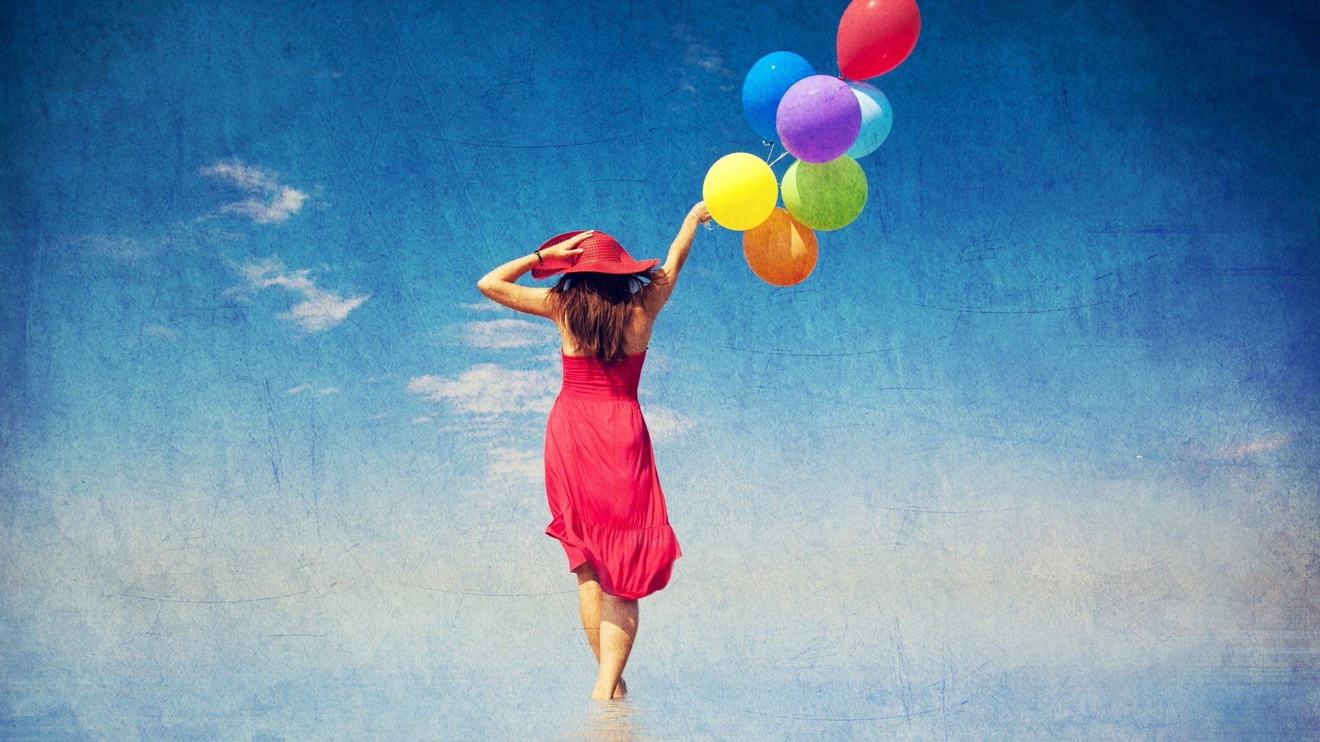 Обои девушка, шляпа, красное платье, шаги, красочные воздушные шары, ходит по воде, girl, hat, red dress, steps, colorful balloons, walks on water разрешение 3824x2559 Загрузить