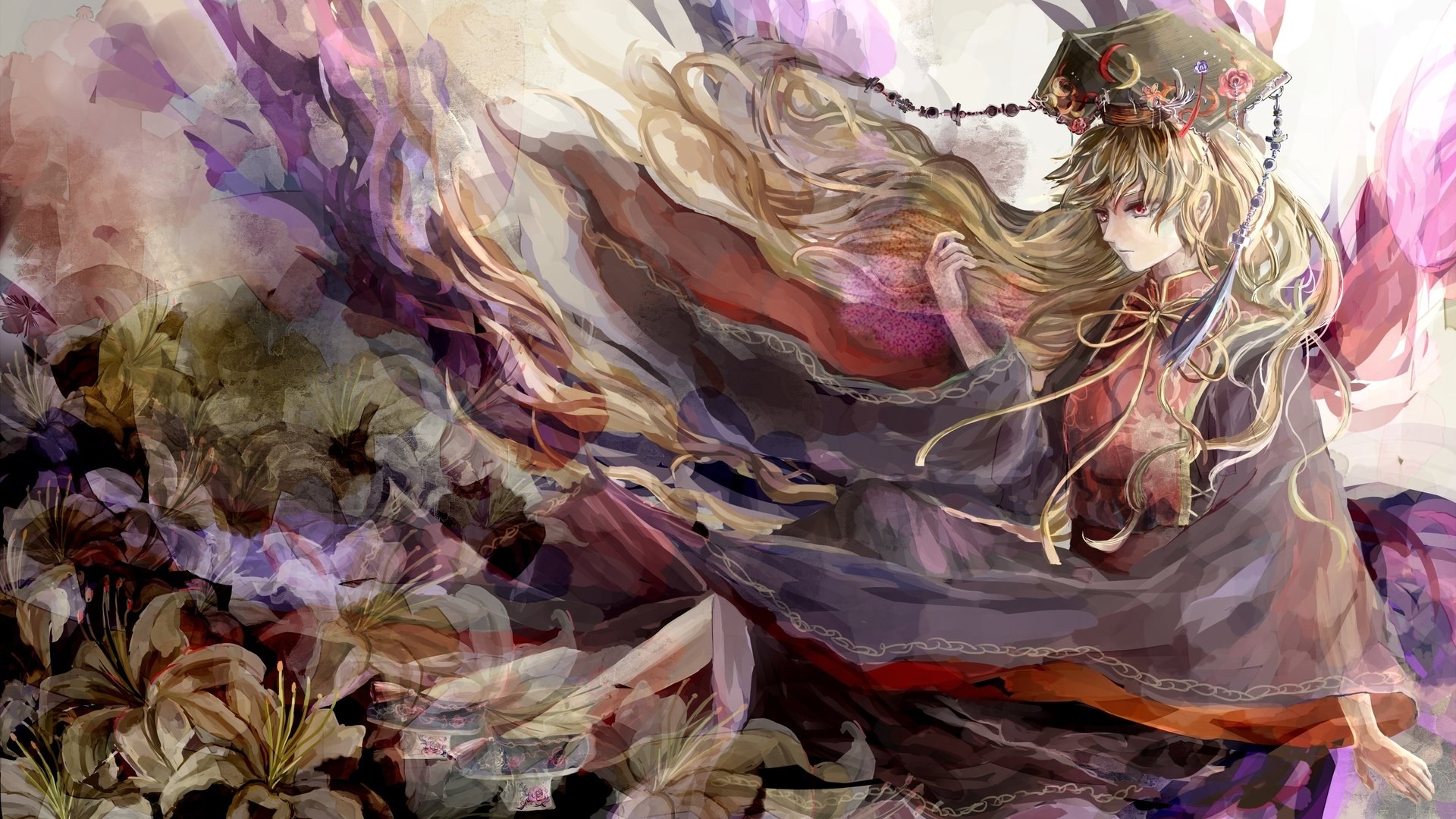 Обои цветы, девушка, платье, блондинка, волосы, тохо, junko, flowers, girl, dress, blonde, hair, touhou разрешение 2500x1422 Загрузить