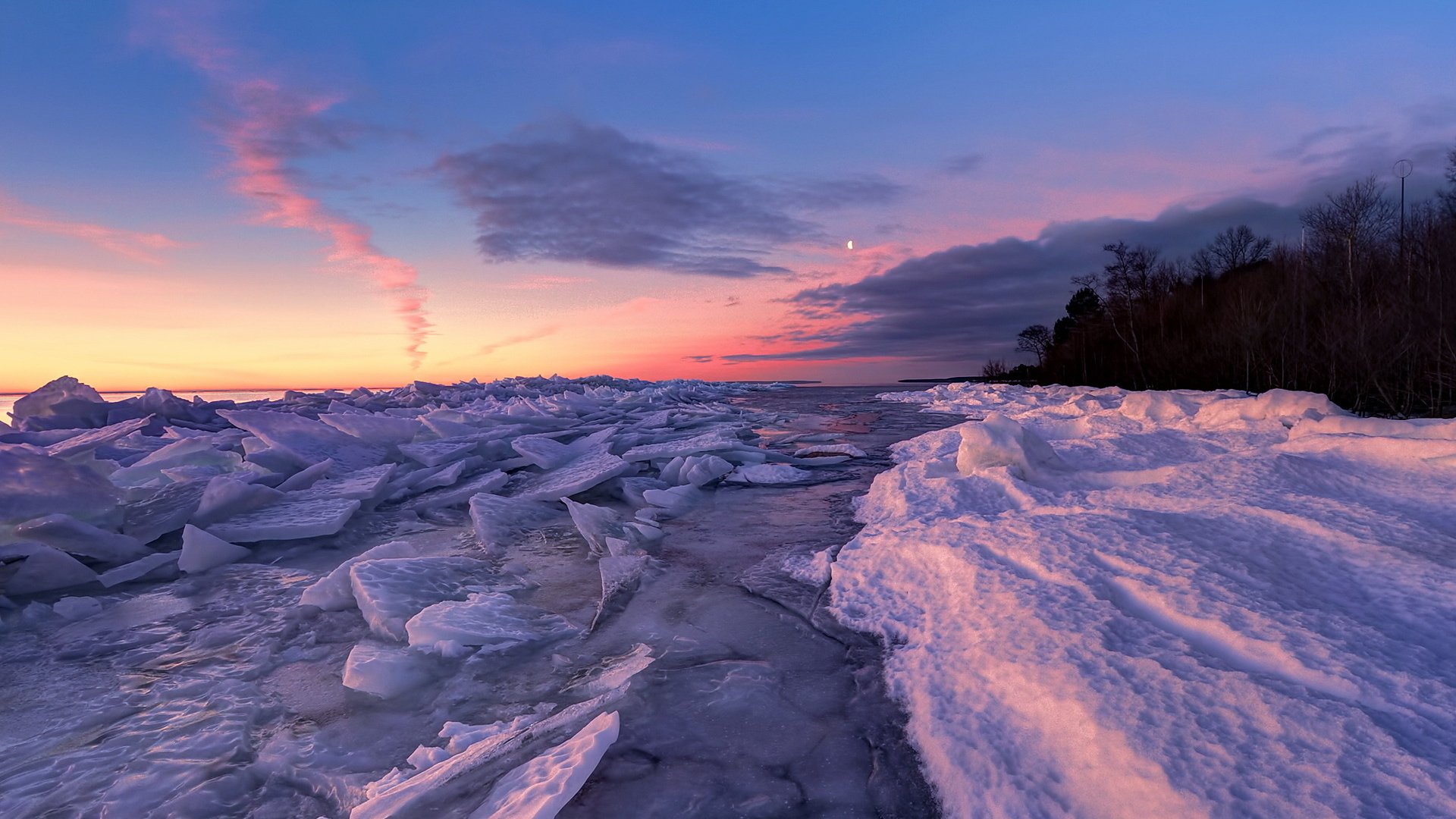 Обои деревья, река, снег, закат, пейзаж, лёд, trees, river, snow, sunset, landscape, ice разрешение 1920x1200 Загрузить