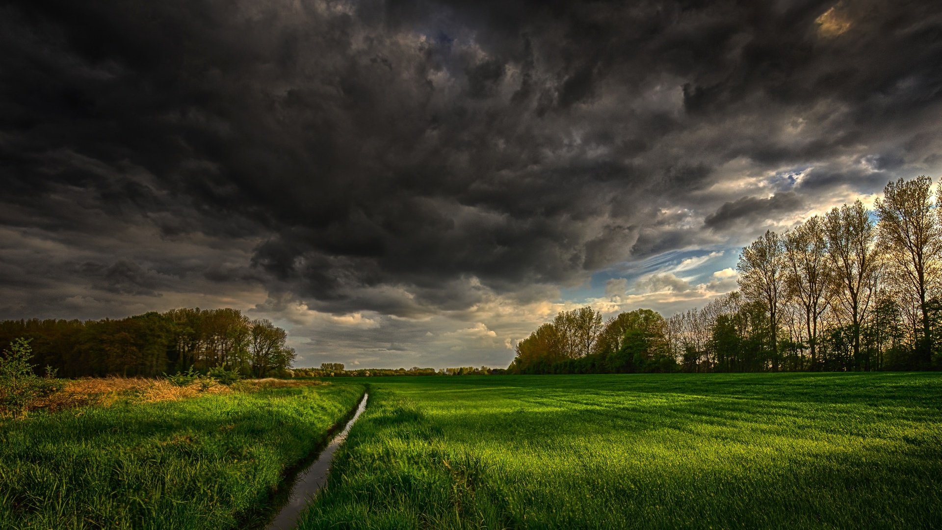 Обои небо, трава, деревья, тучи, ручей, поле, канал, the sky, grass, trees, clouds, stream, field, channel разрешение 2048x1365 Загрузить