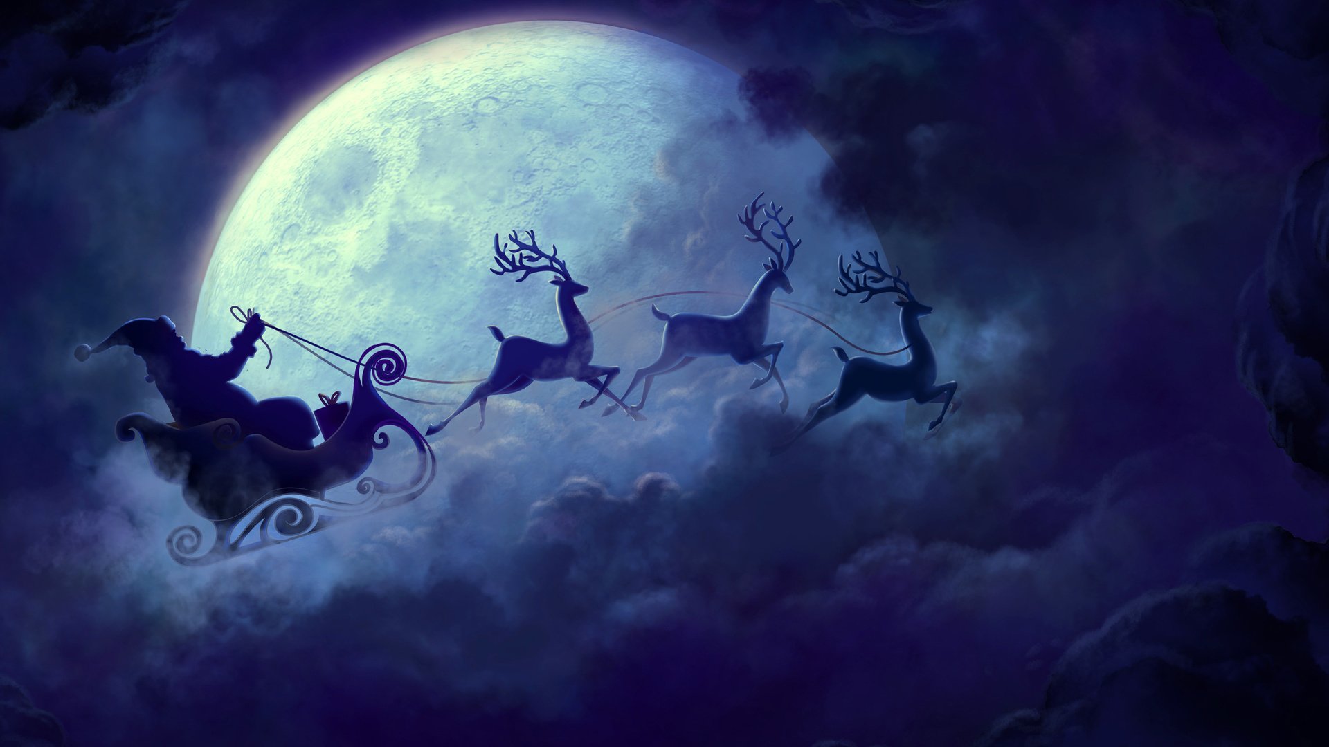 Обои небо, колесница, облака, луна, сани, олени, рождество, упряжка, санта-клаус, the sky, chariot, clouds, the moon, sleigh, deer, christmas, team, santa claus разрешение 2560x1600 Загрузить