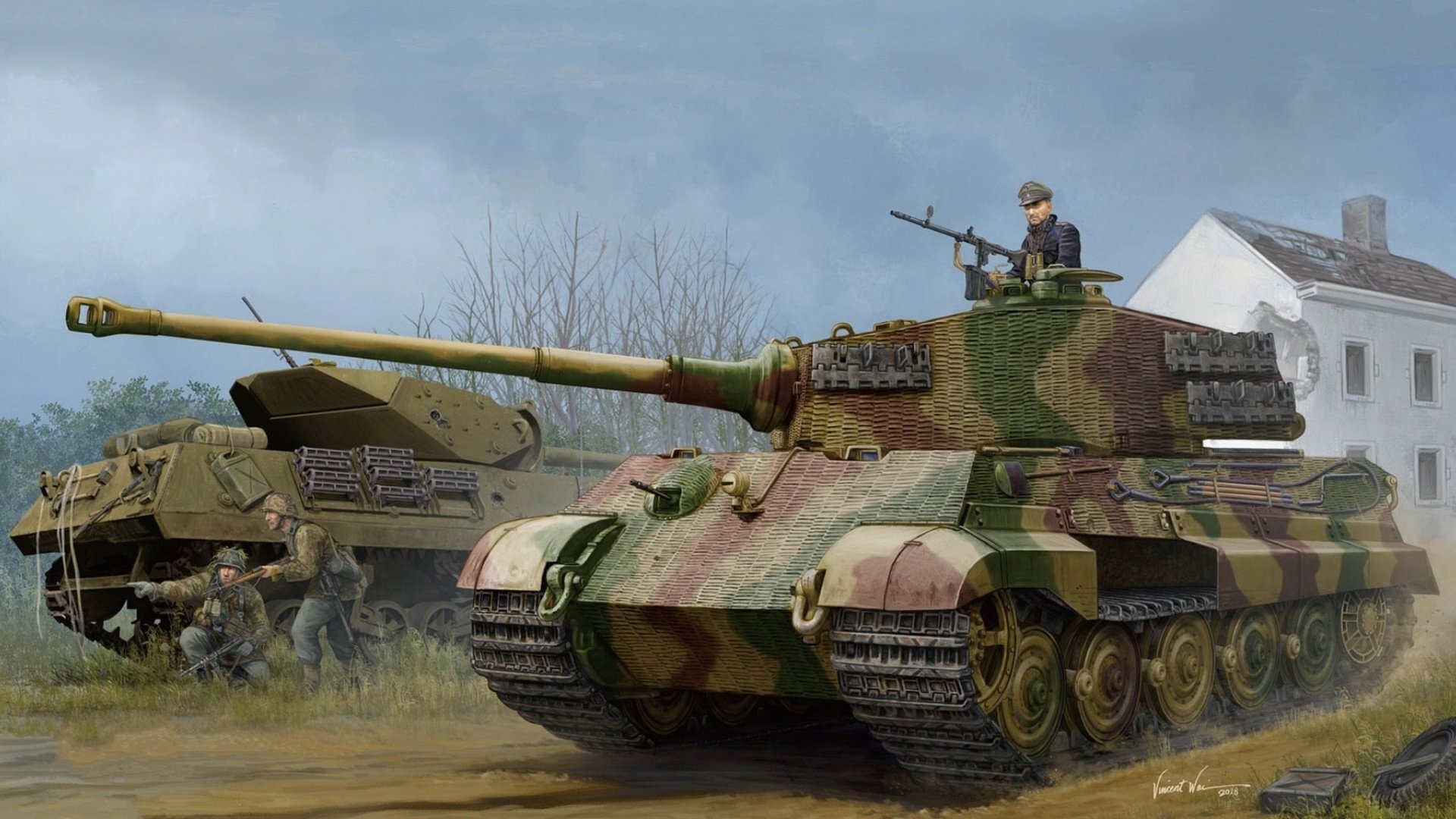 Обои арт, tiger ii, немецкий танк, w_zimmerit, pz.kpfw.vi ausf.b, (henschel 1944 production), (sd.kfz.182), art, german tank, (1944 henschel production) разрешение 1920x1200 Загрузить