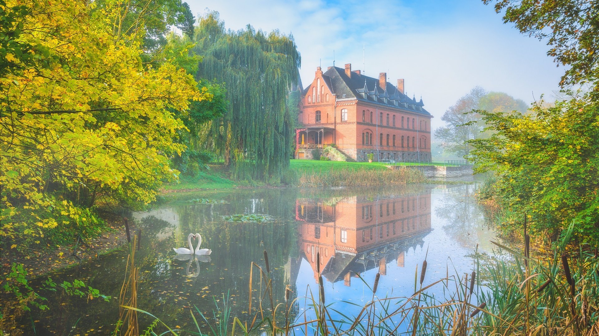 Обои туман, осень, дом, пруд, лебеди, fog, autumn, house, pond, swans разрешение 6000x4000 Загрузить