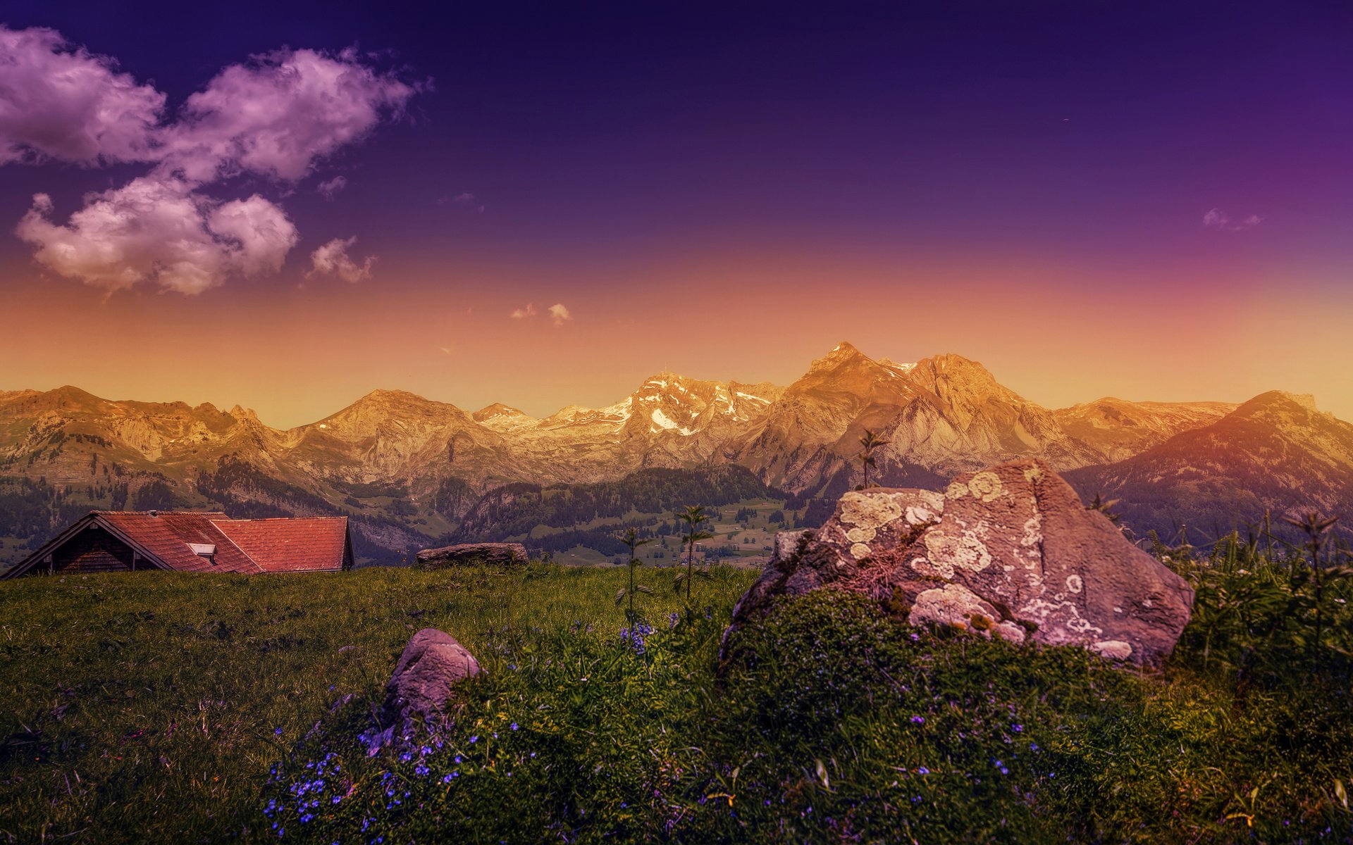 Обои небо, облака, горы, камни, пейзаж, дом, альпы, the sky, clouds, mountains, stones, landscape, house, alps разрешение 4000x2409 Загрузить