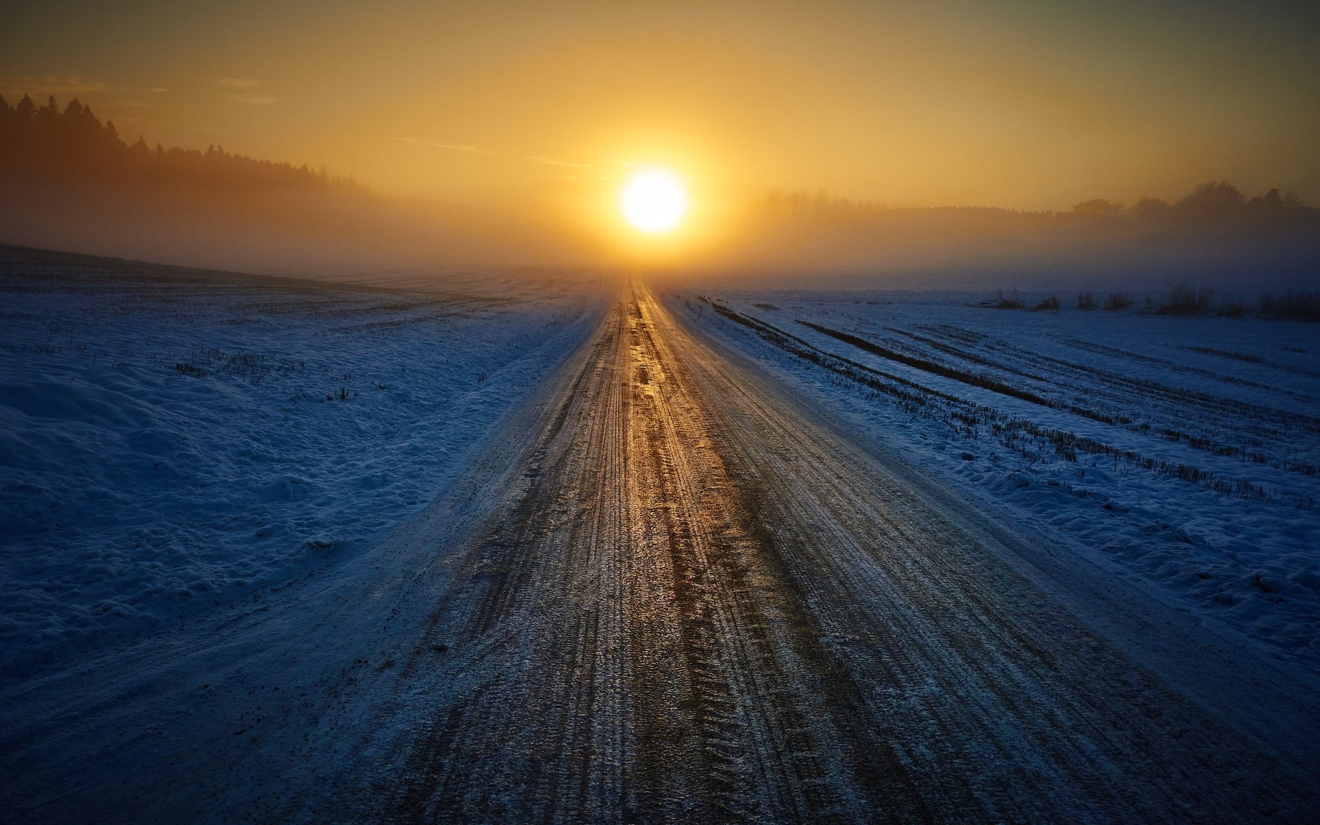 Обои дорога, снег, природа, закат, зима, горизонт, road, snow, nature, sunset, winter, horizon разрешение 2880x1920 Загрузить