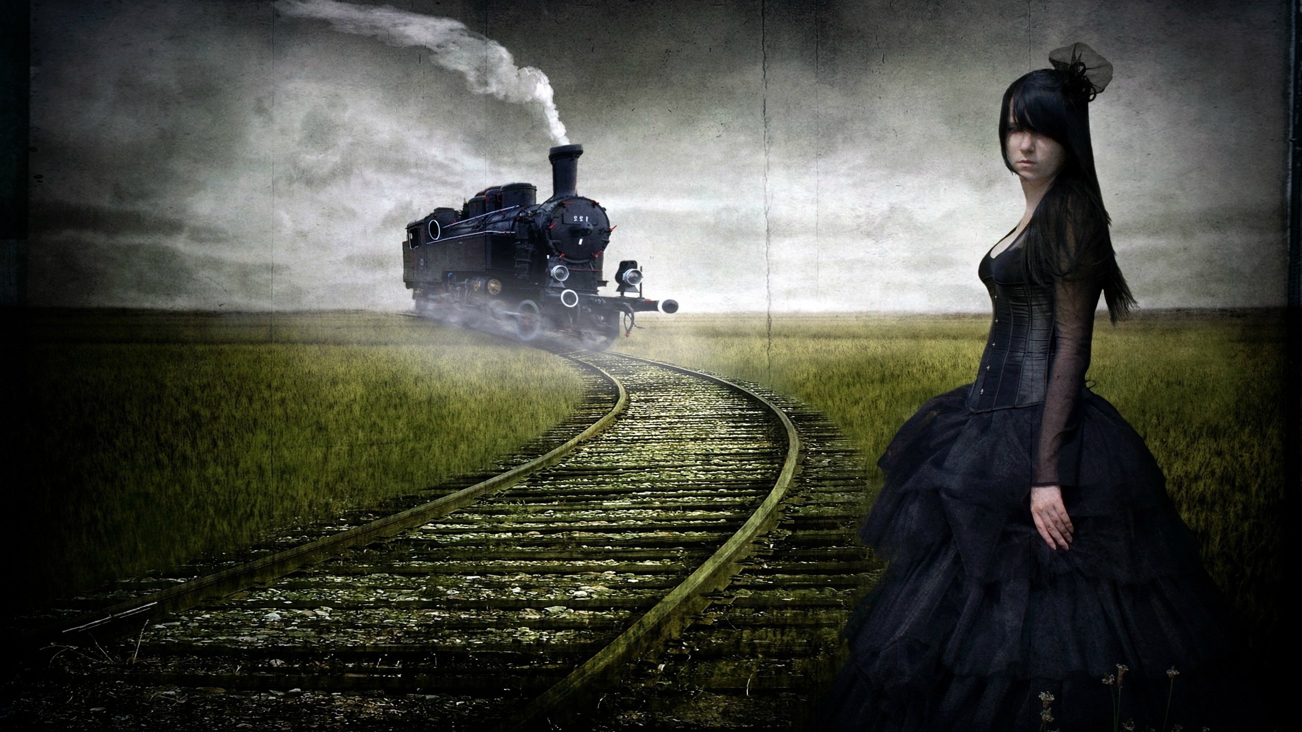 Обои дорога, девушка, картина, фантастика, поезд, road, girl, picture, fiction, train разрешение 2560x1600 Загрузить